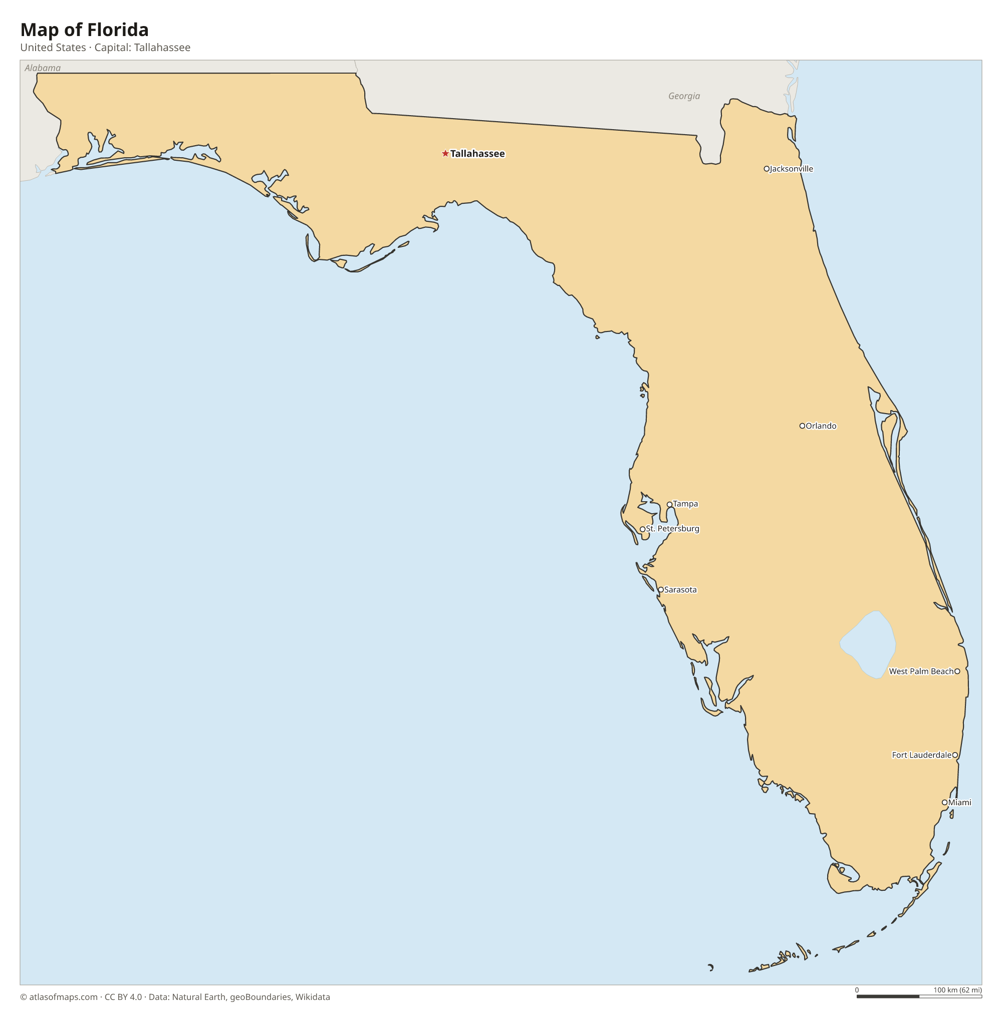 Map of Florida with the capital Tallahassee, cities
