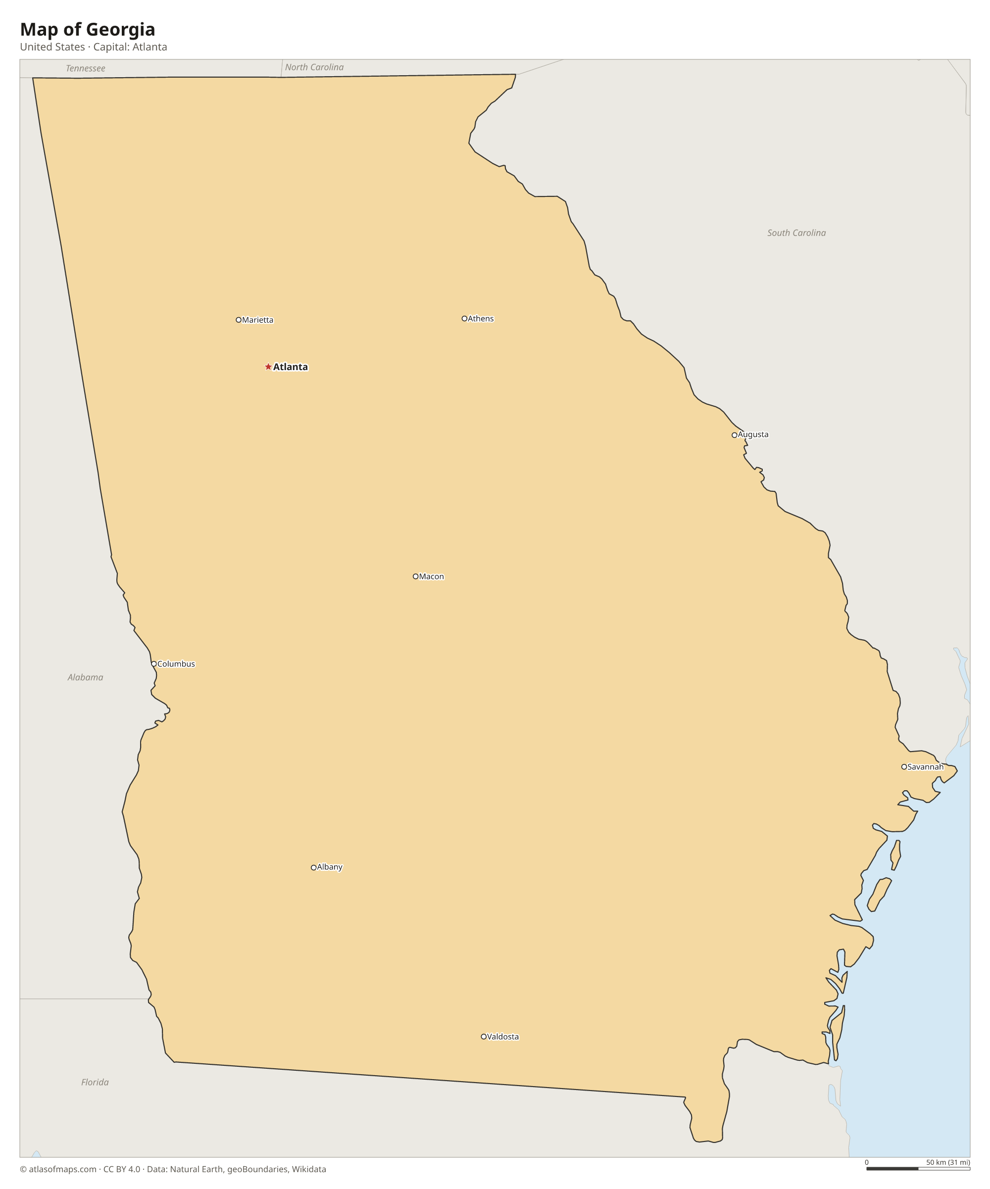 Map of Georgia with the capital Atlanta, cities