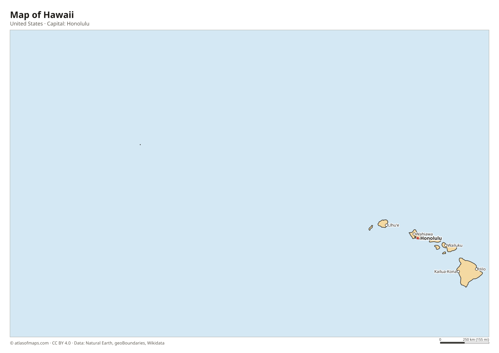 Map of Hawaii with the capital Honolulu, cities