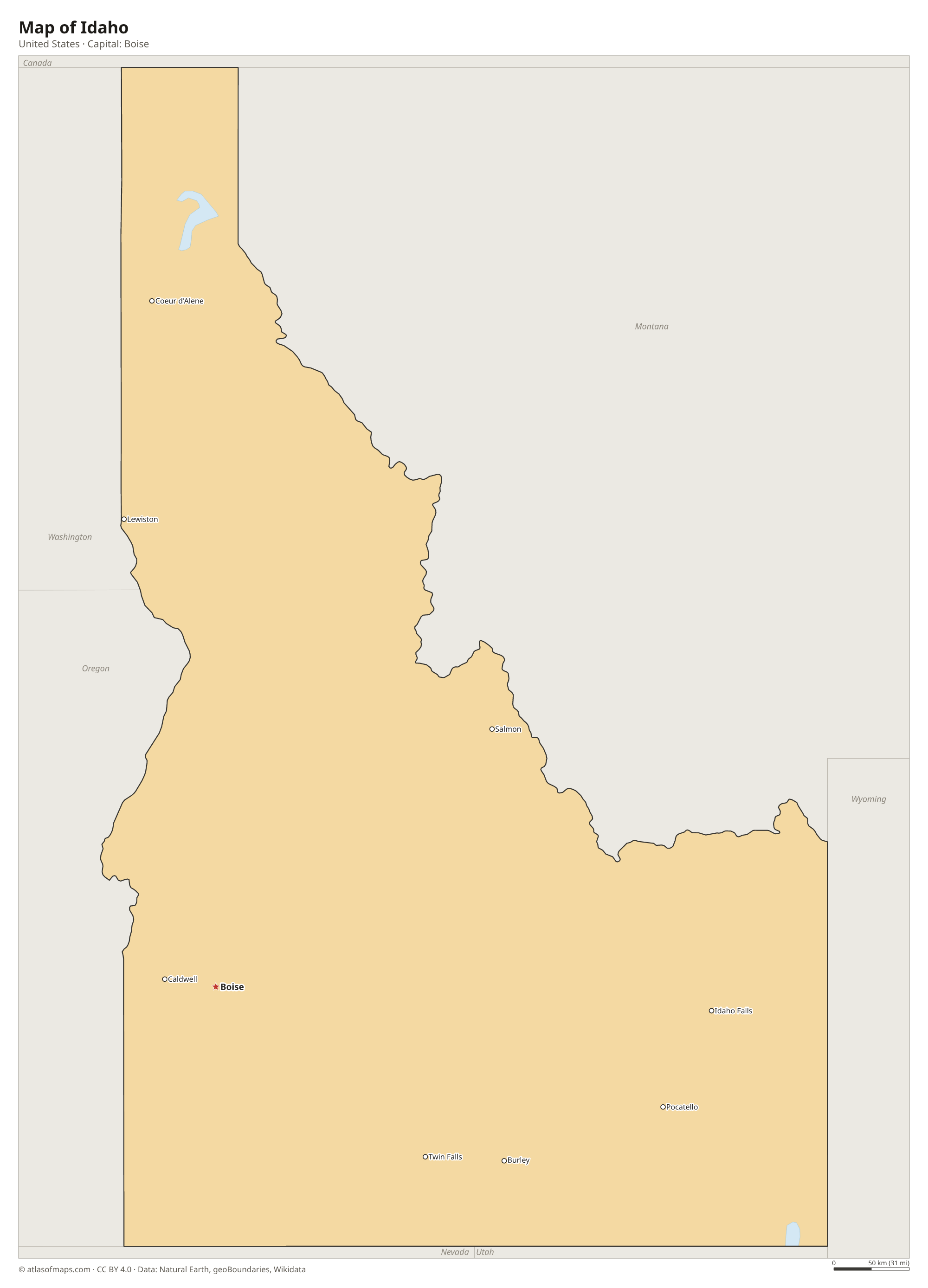 Map of Idaho with the capital Boise, cities