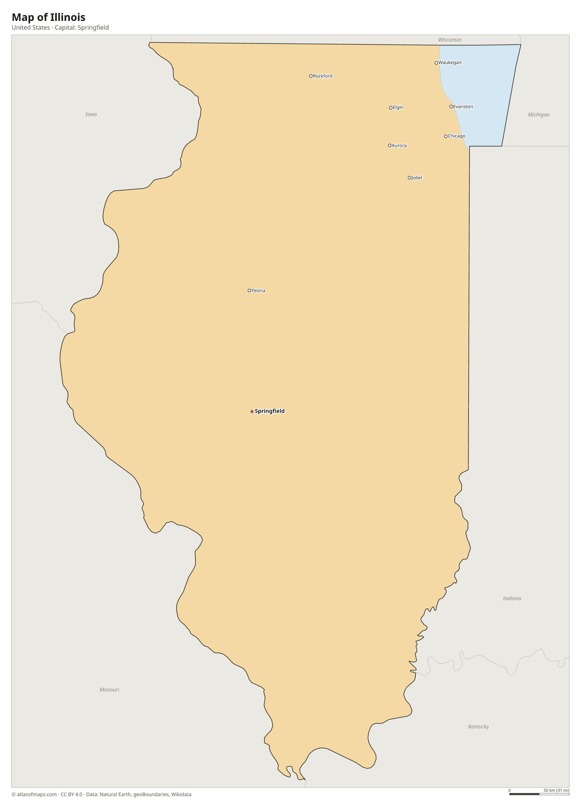 Map of Illinois with the capital Springfield, cities