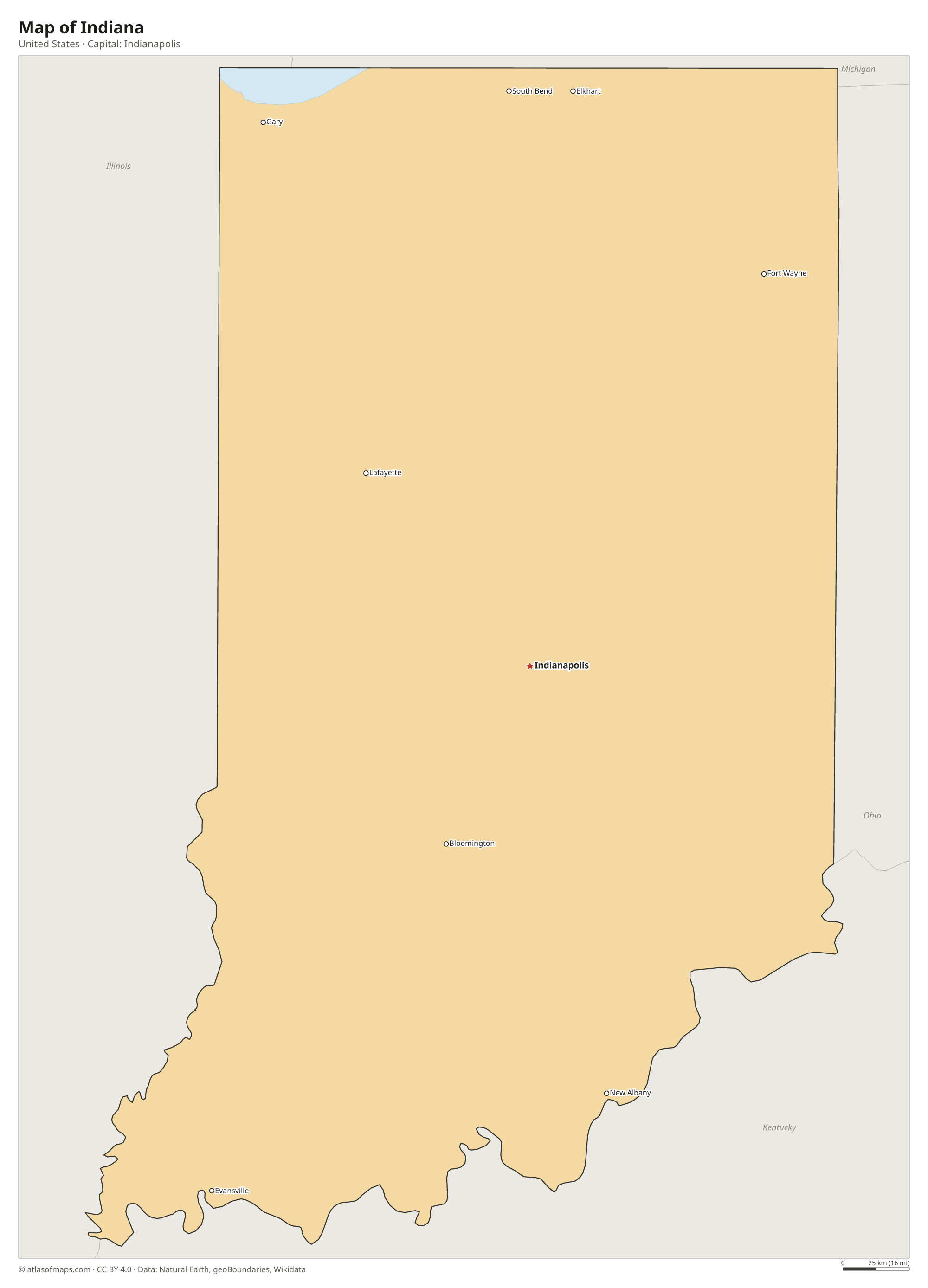 Map of Indiana with the capital Indianapolis, cities