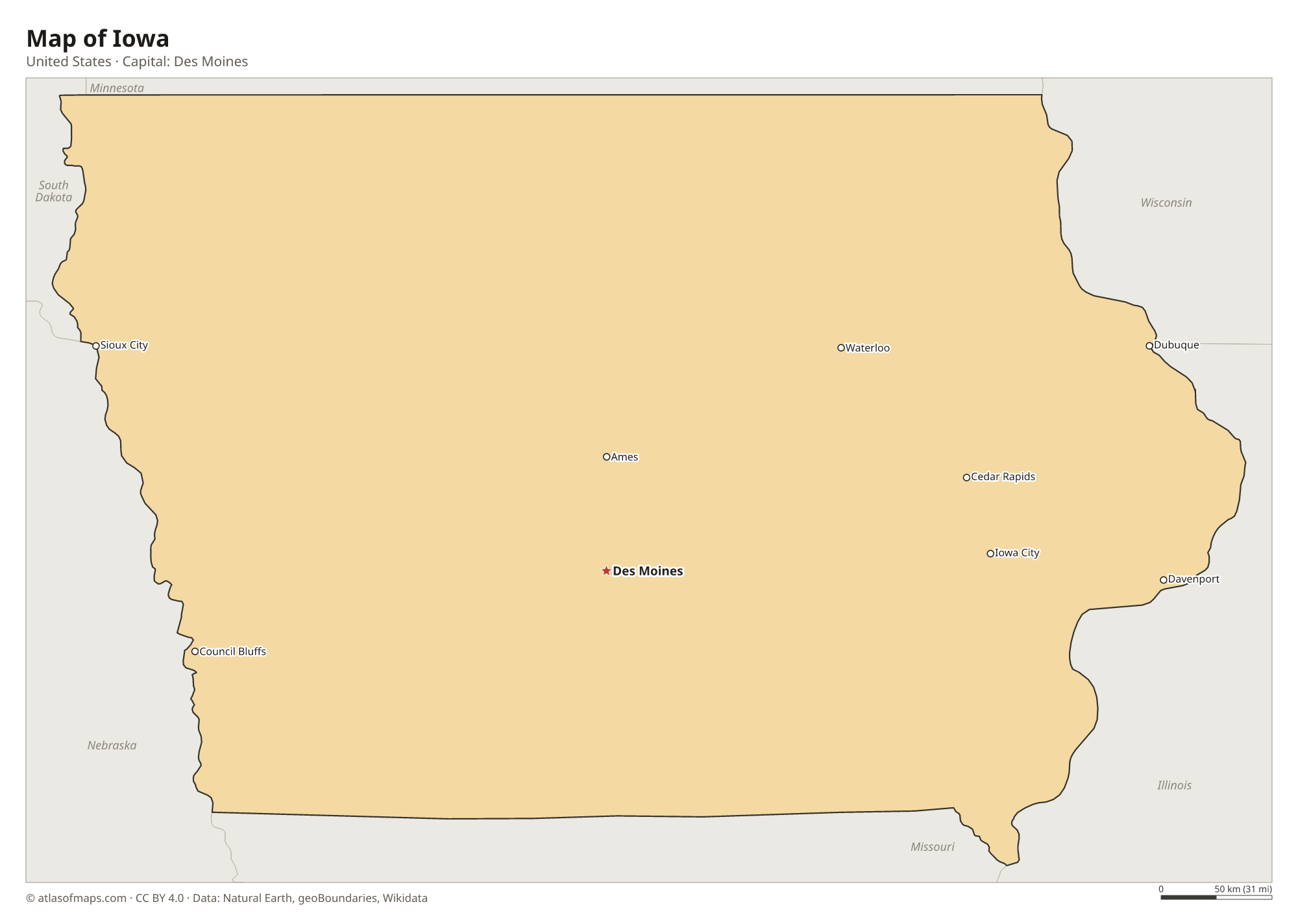 Map of Iowa with the capital Des Moines, cities
