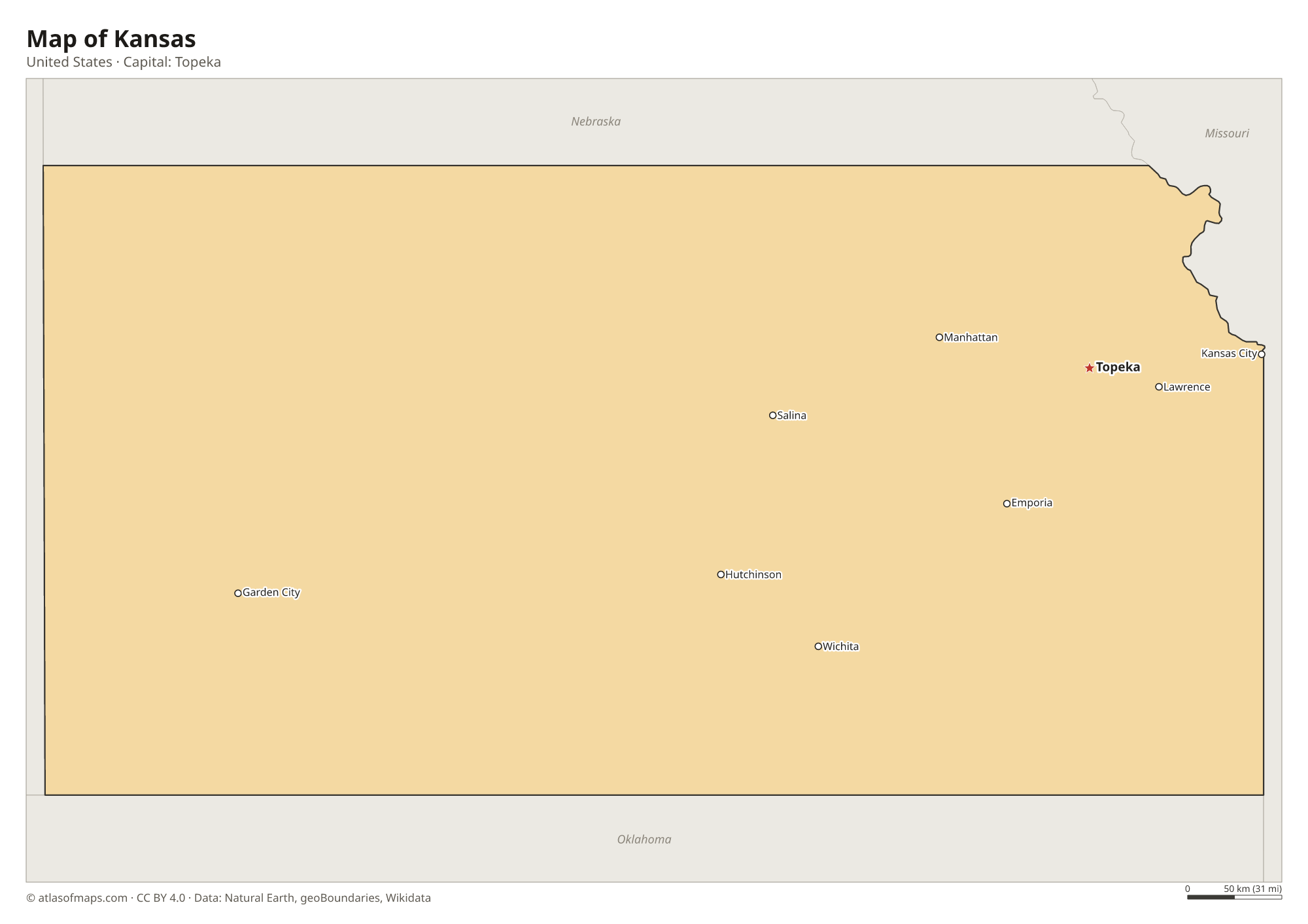 Map of Kansas with the capital Topeka, cities