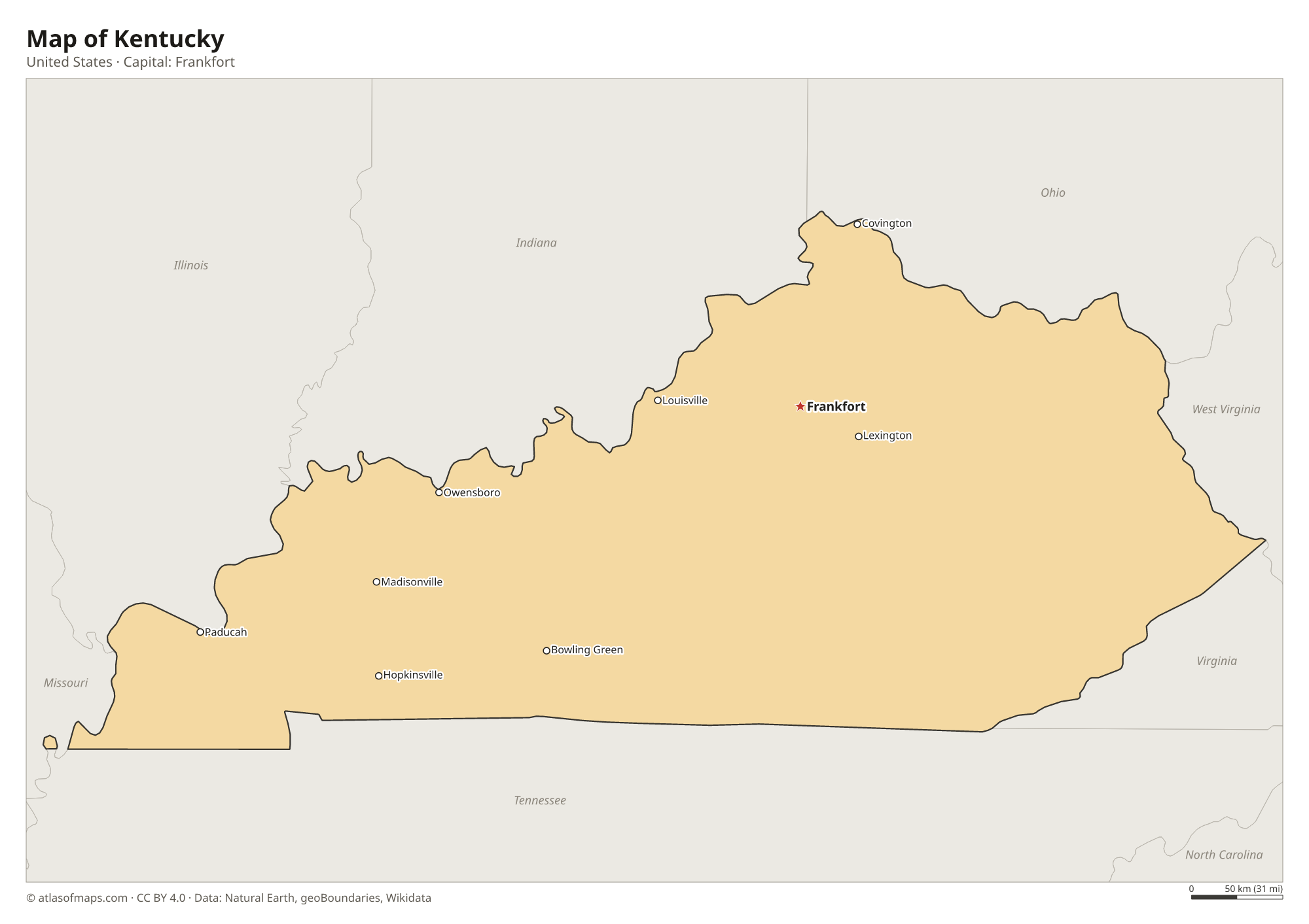 Map of Kentucky with the capital Frankfort, cities