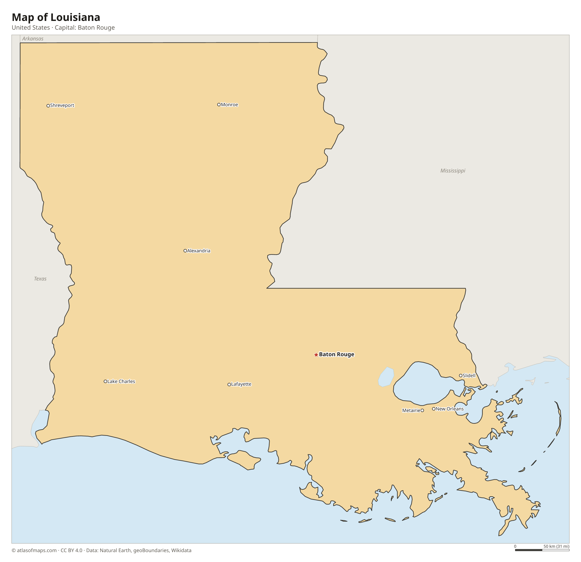 Map of Louisiana with the capital Baton Rouge, cities