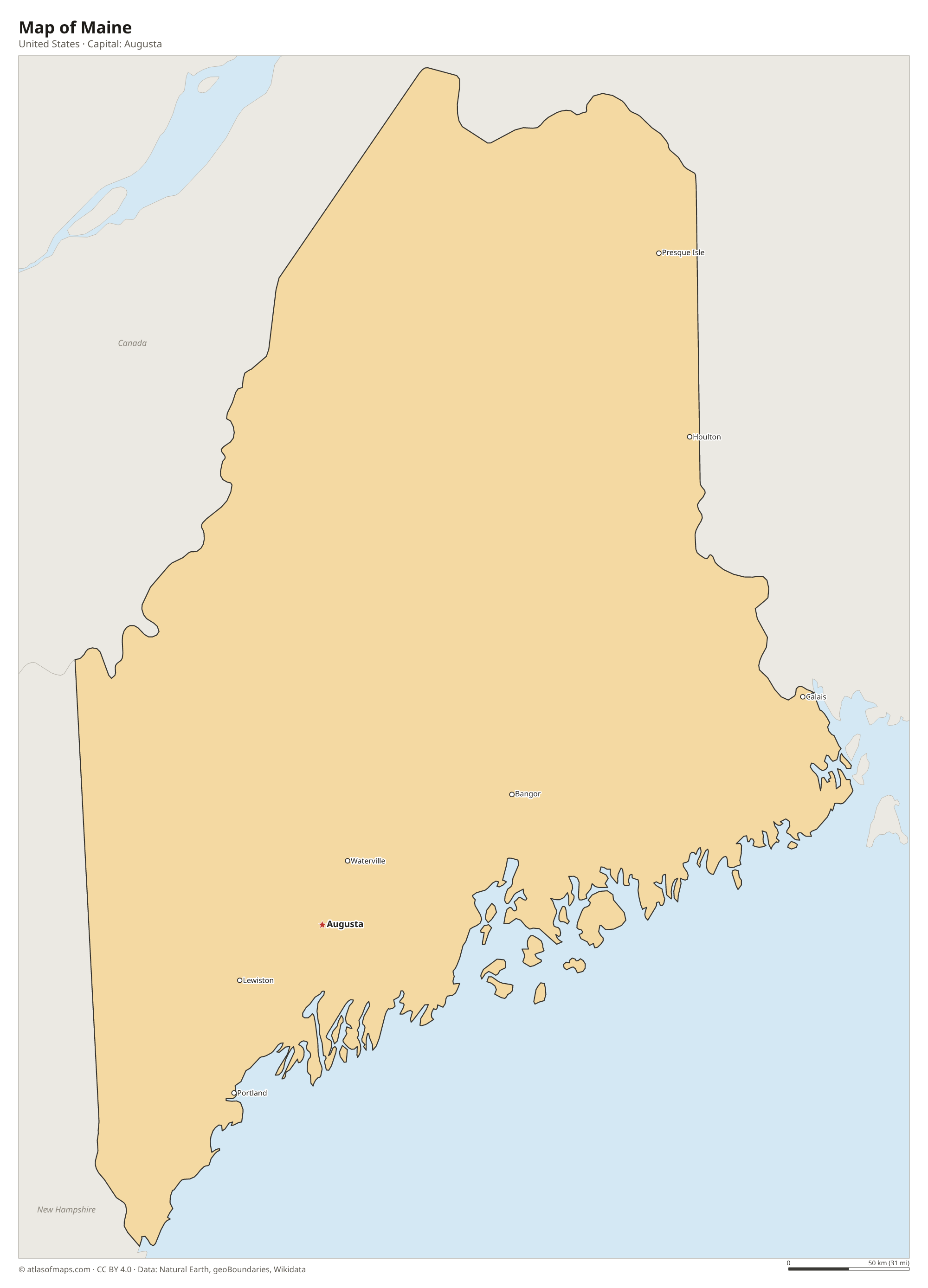 Map of Maine with the capital Augusta, cities