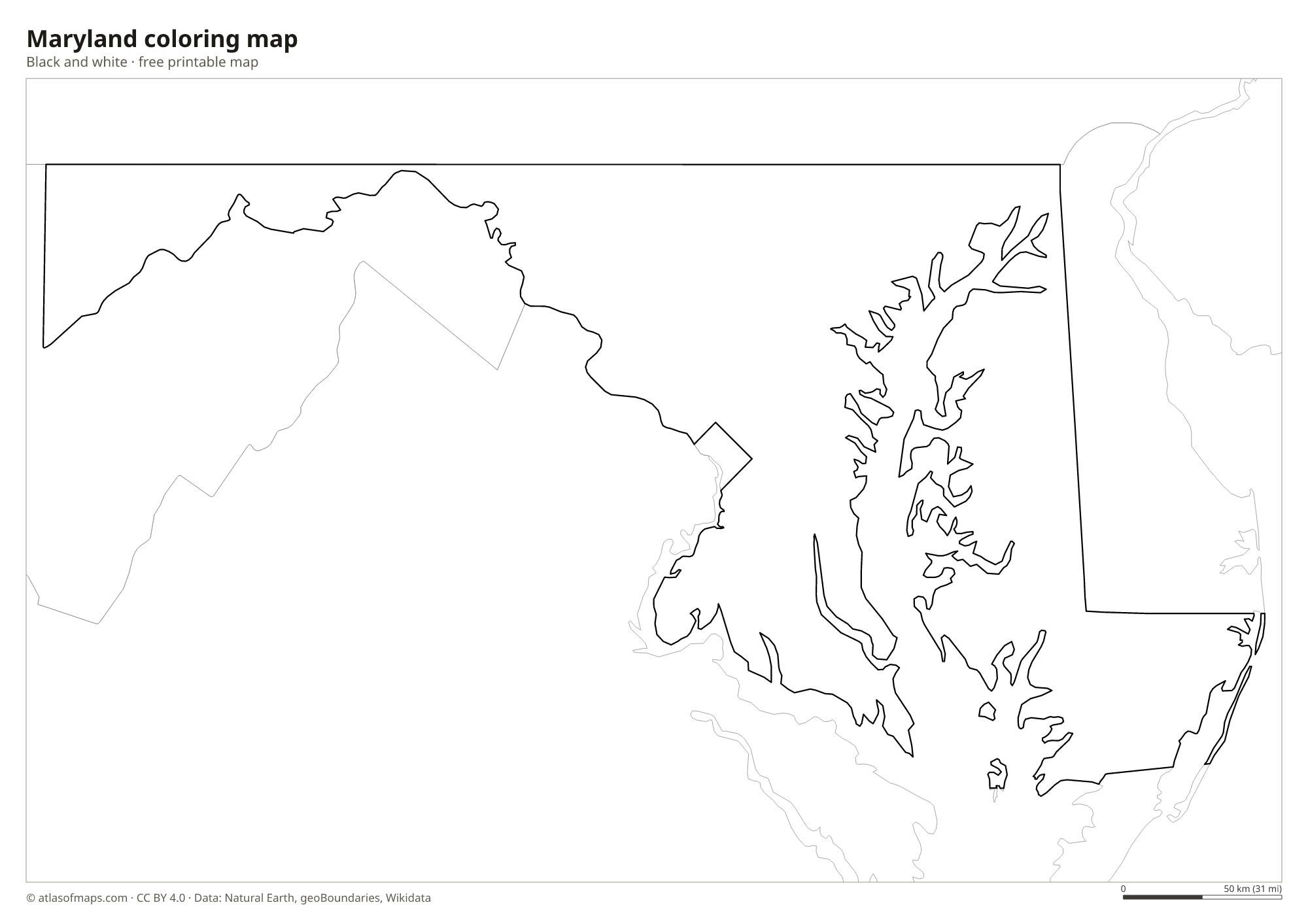 Black-and-white coloring map of Maryland