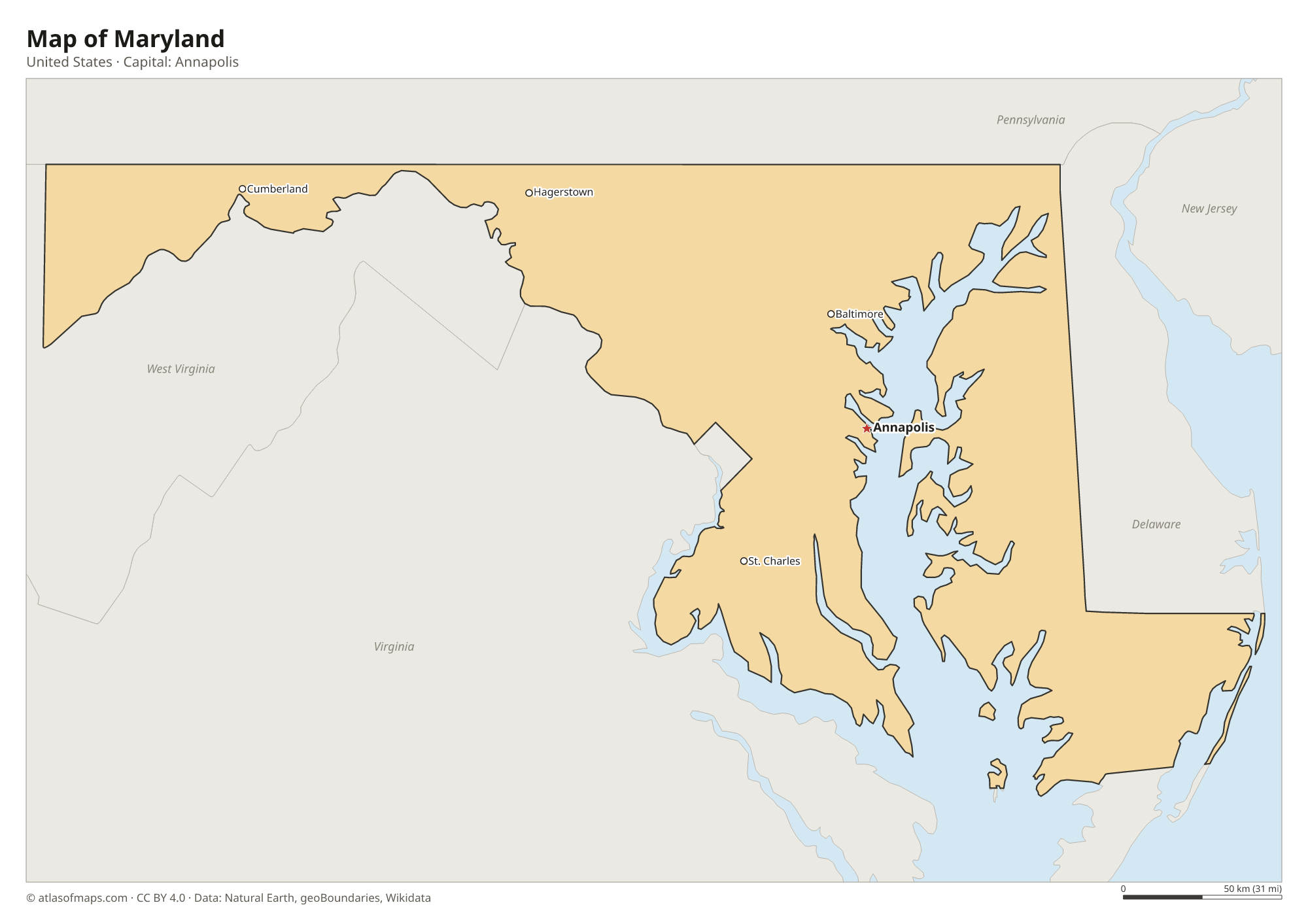 Map of Maryland with the capital Annapolis, cities