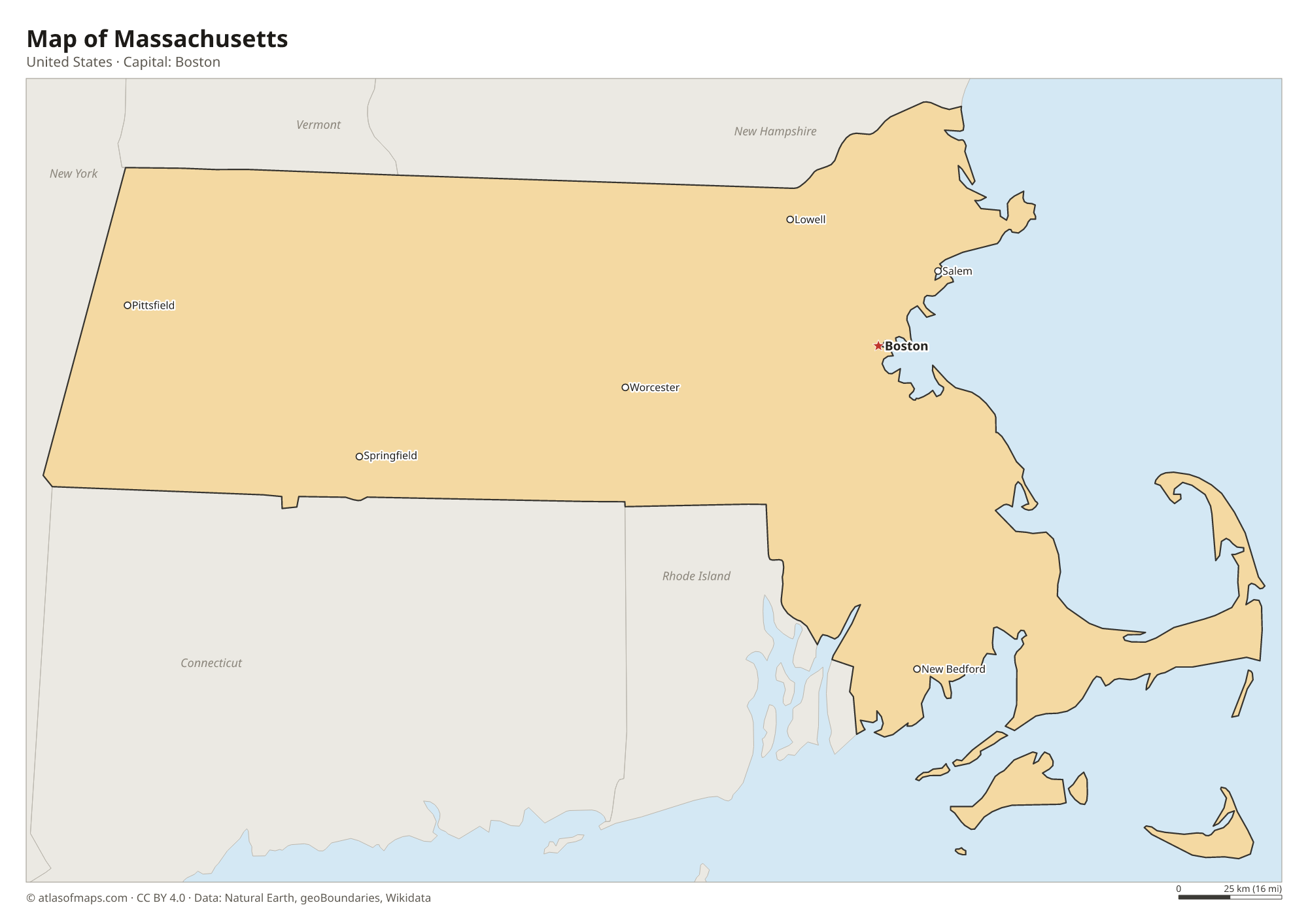 Map of Massachusetts with the capital Boston, cities