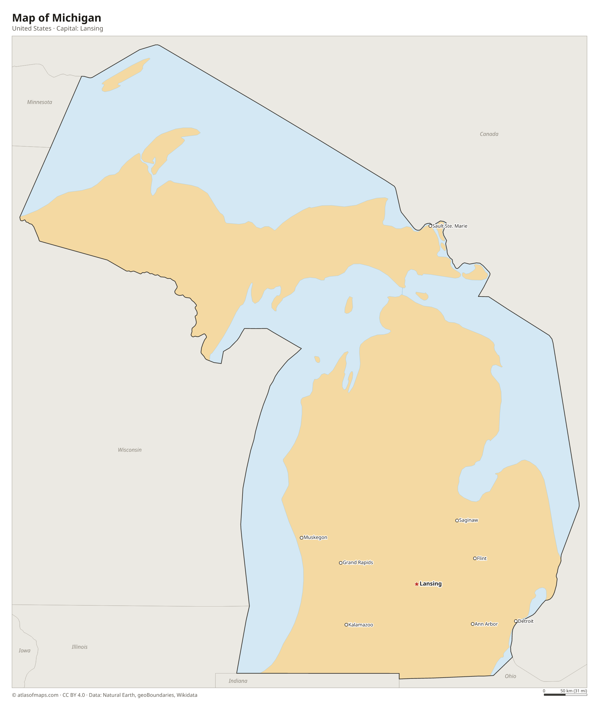 Map of Michigan with the capital Lansing, cities