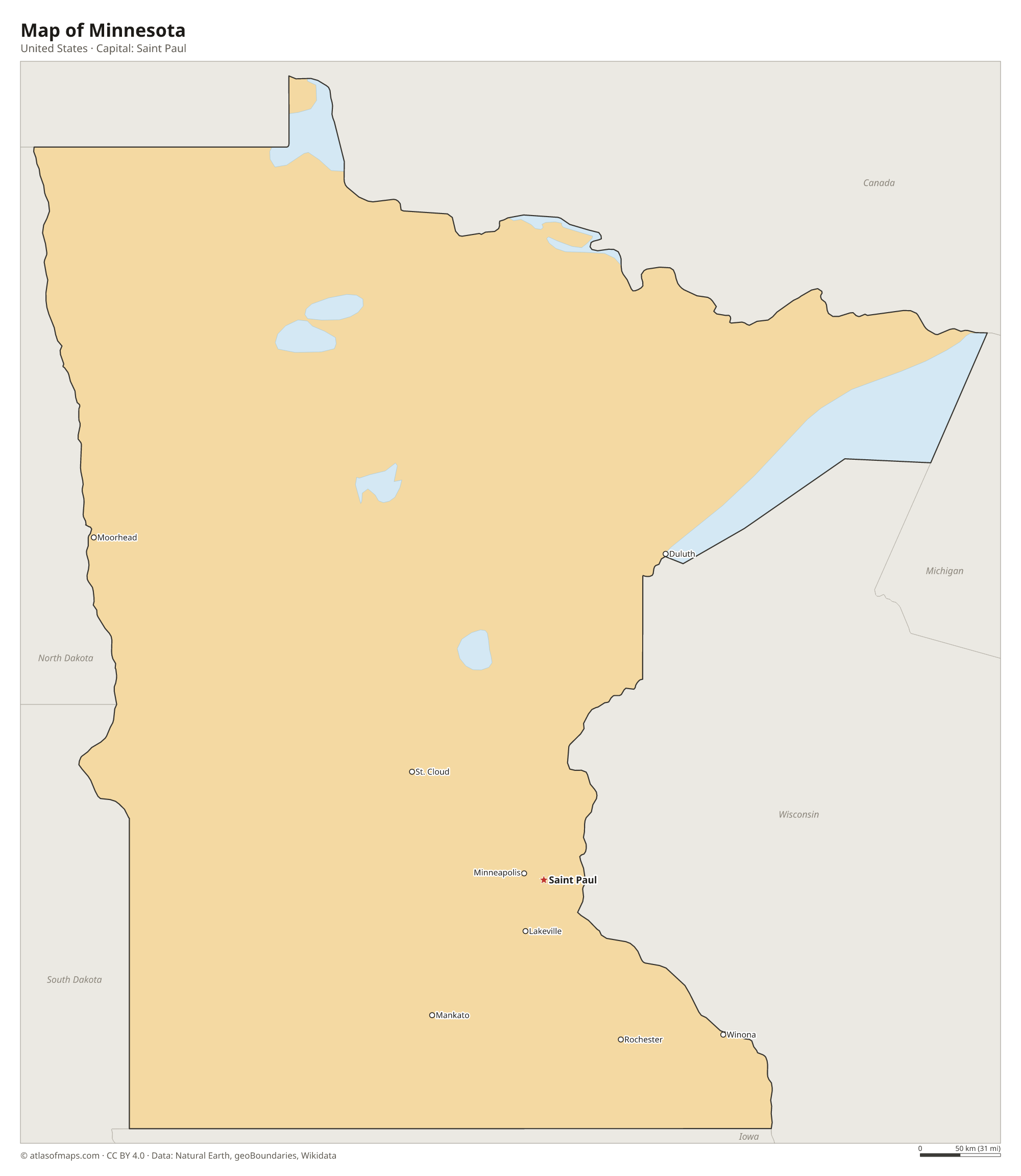 Map of Minnesota with the capital Saint Paul, cities