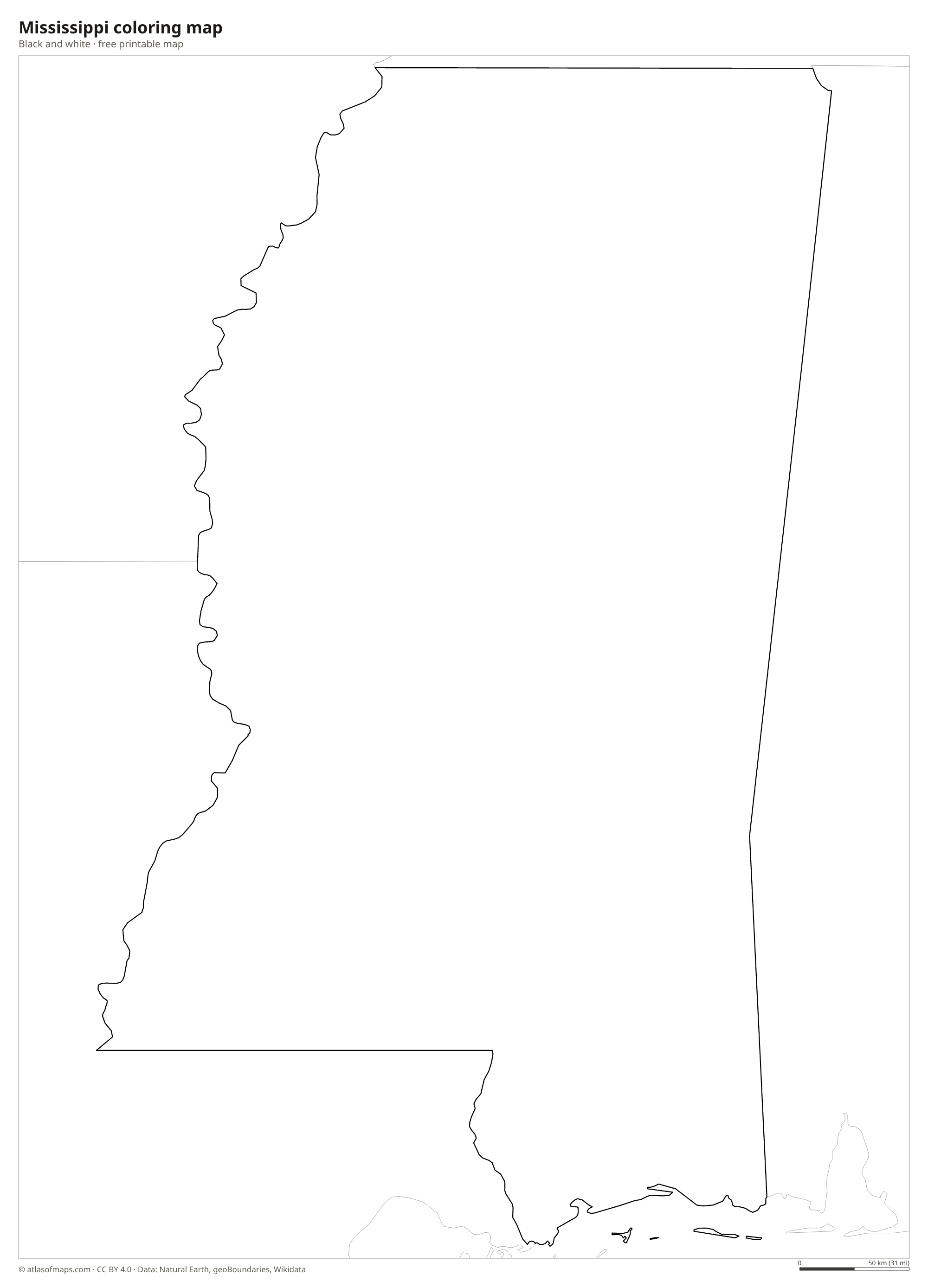 Black-and-white coloring map of Mississippi
