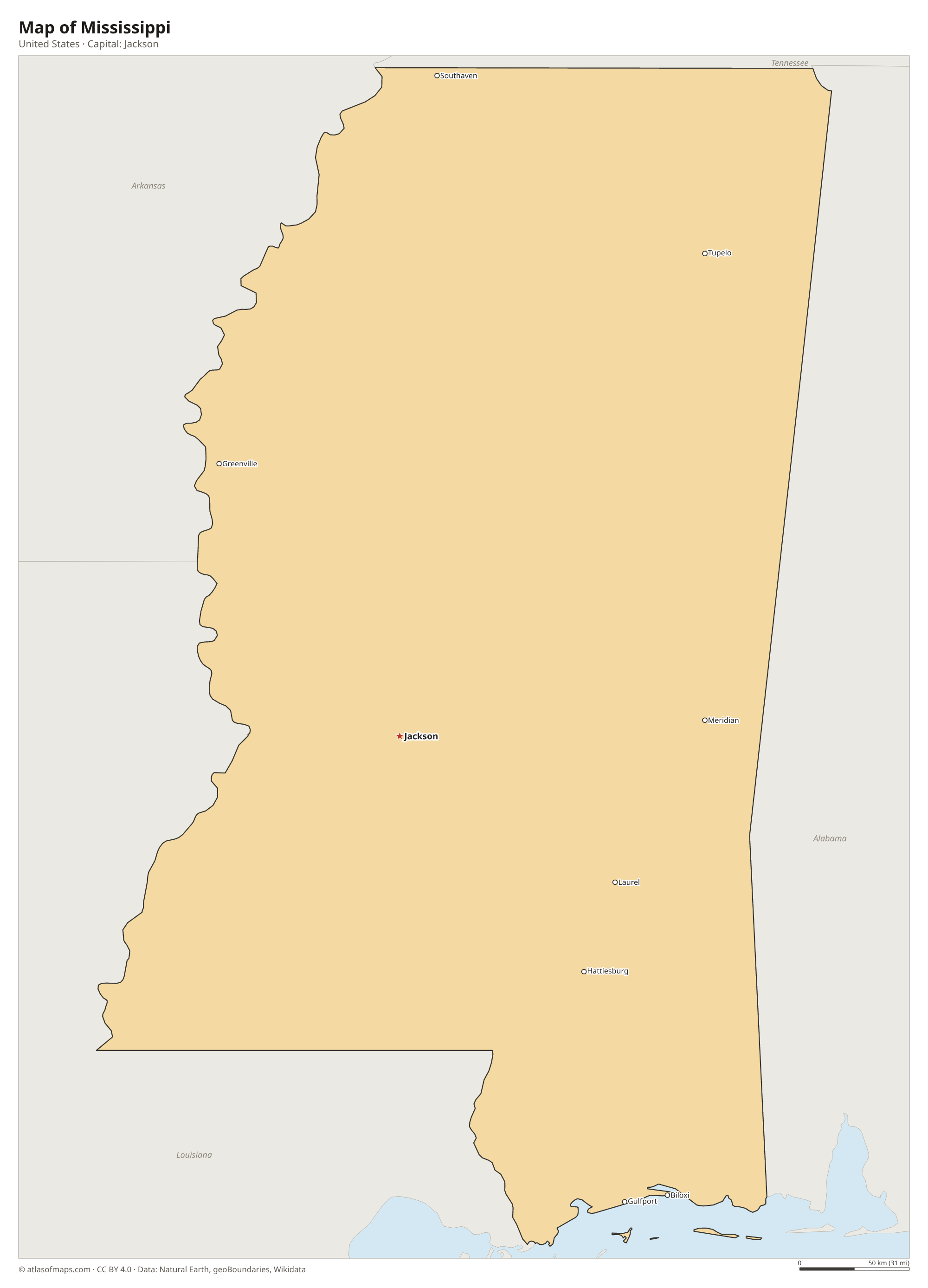 Map of Mississippi with the capital Jackson, cities