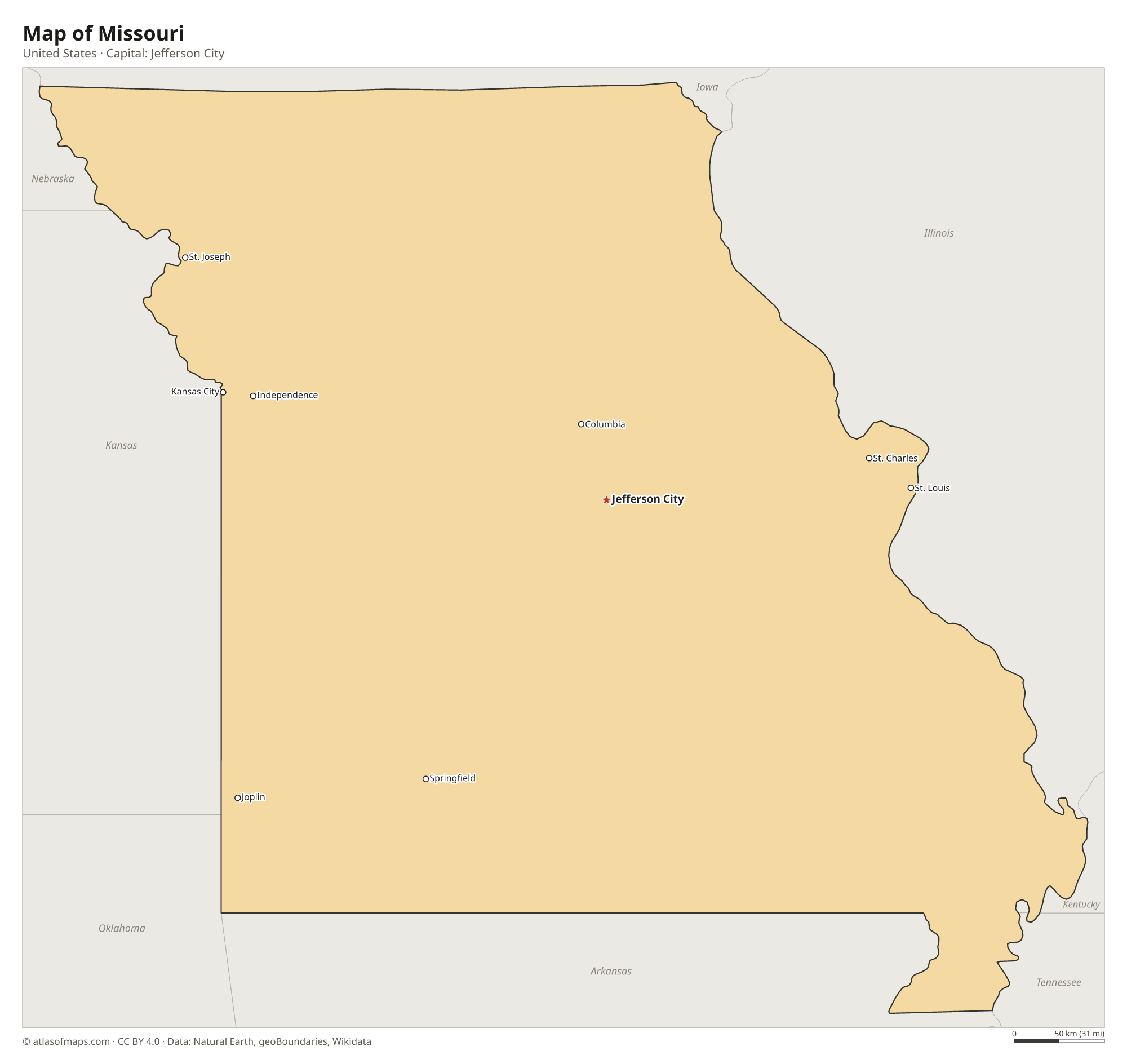 Map of Missouri with the capital Jefferson City, cities