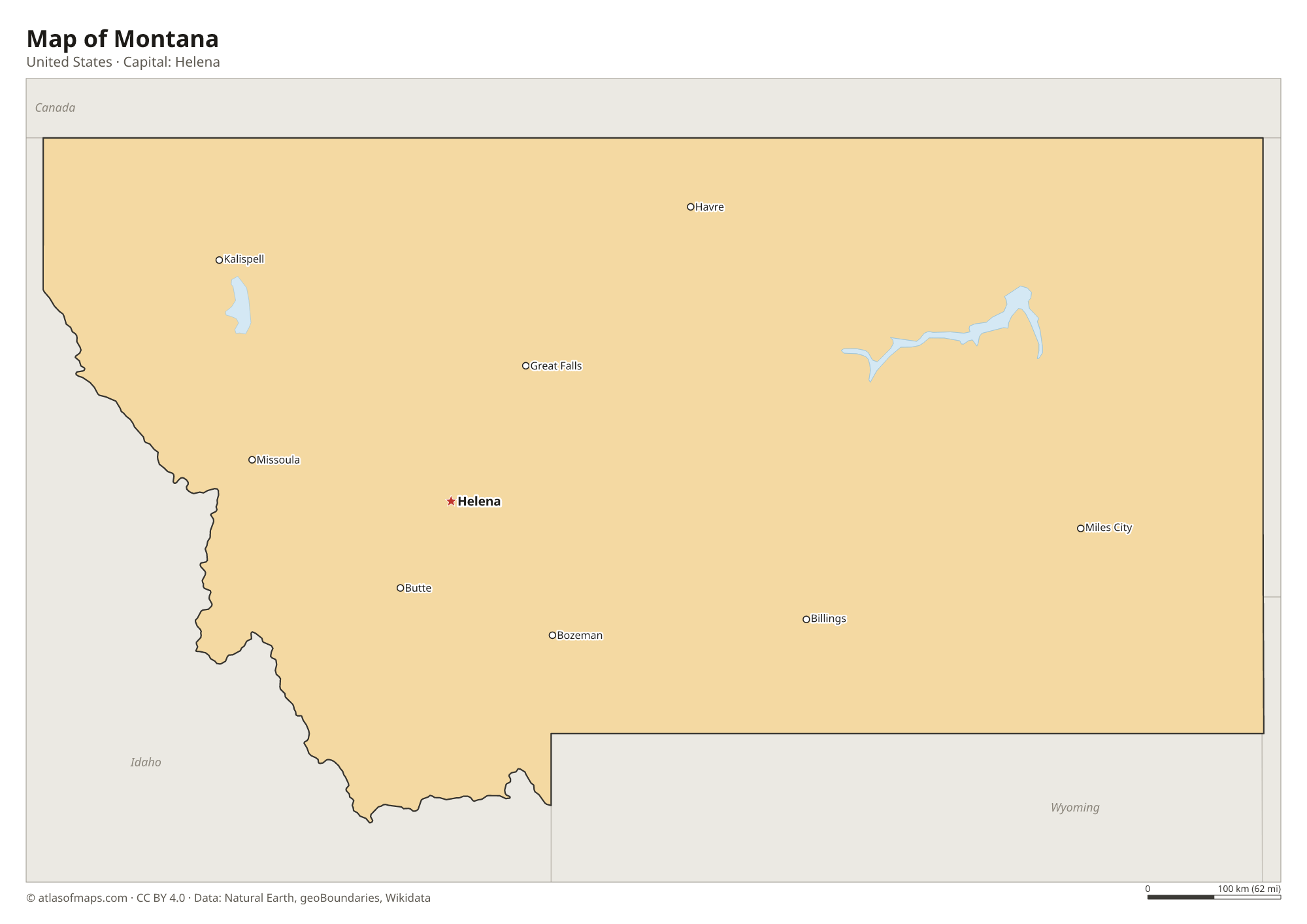 Map of Montana with the capital Helena, cities