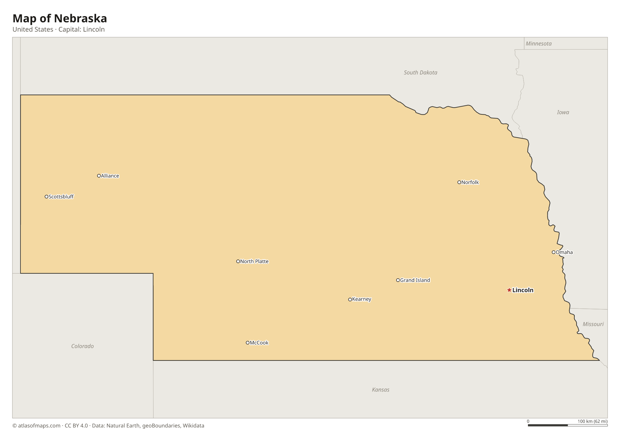 Map of Nebraska with the capital Lincoln, cities