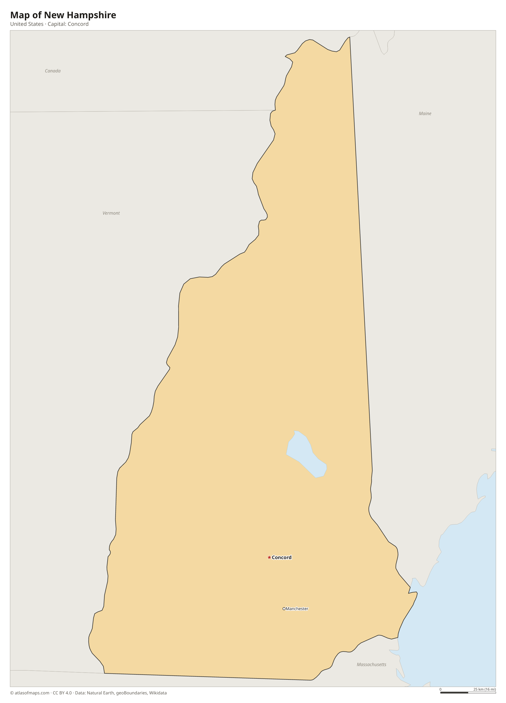 Map of New Hampshire with the capital Concord, cities