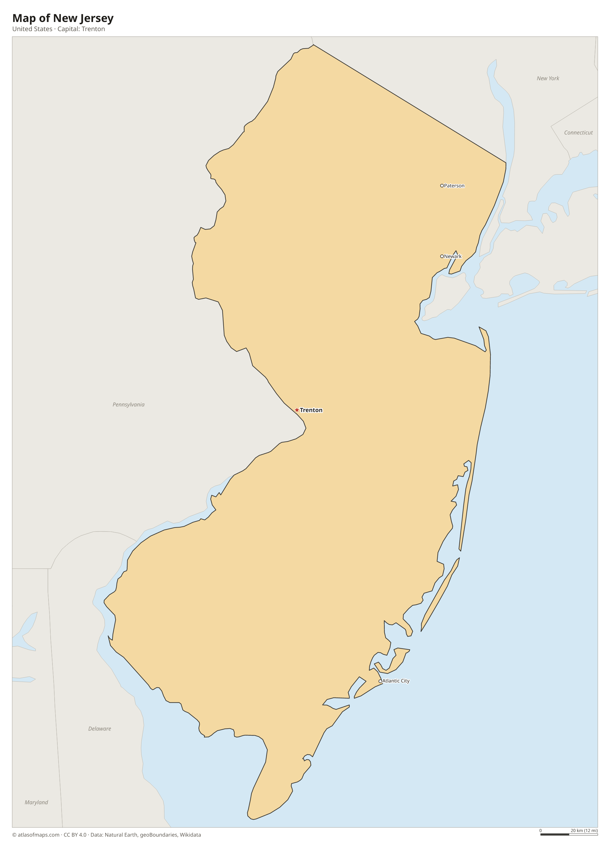 Map of New Jersey with the capital Trenton, cities