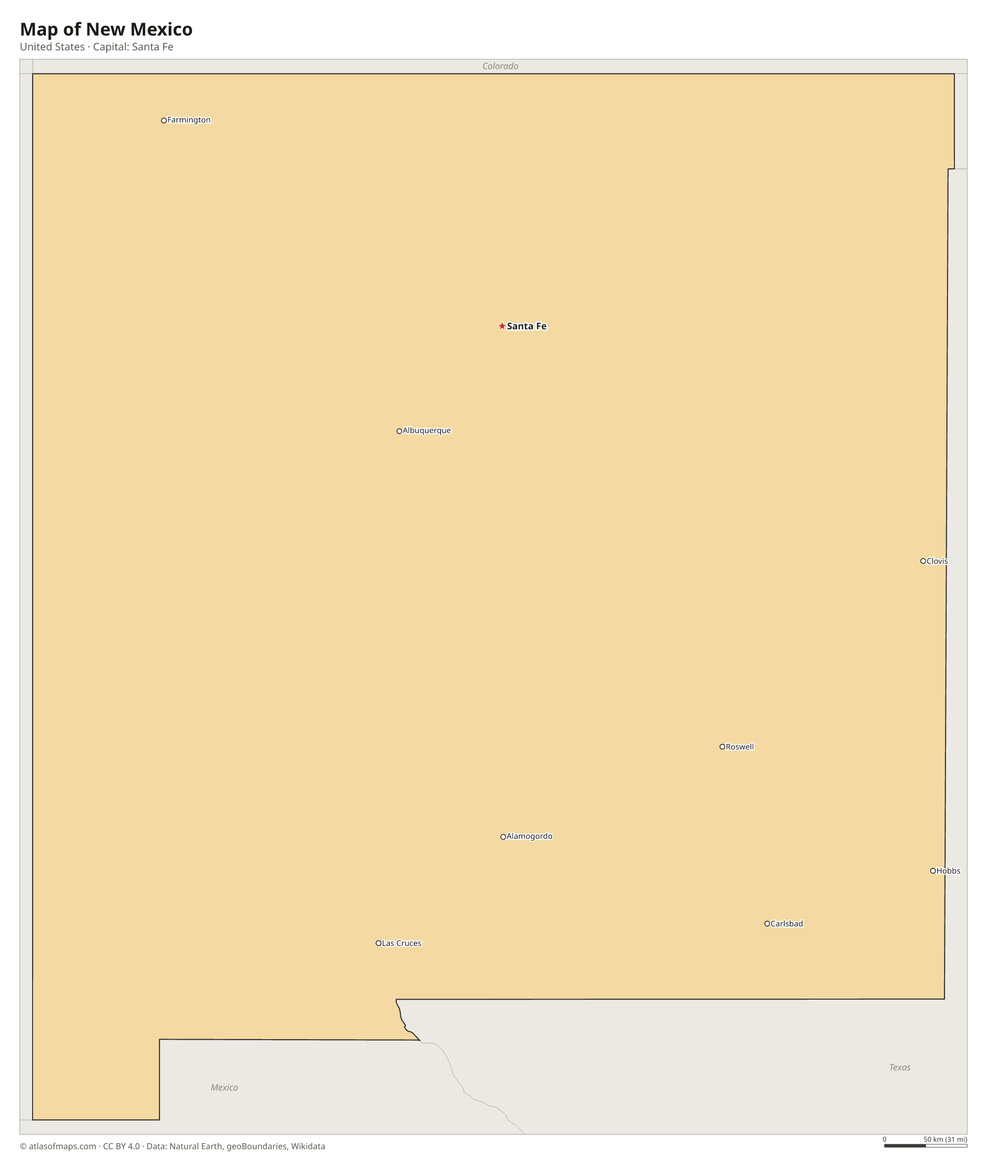 Map of New Mexico with the capital Santa Fe, cities