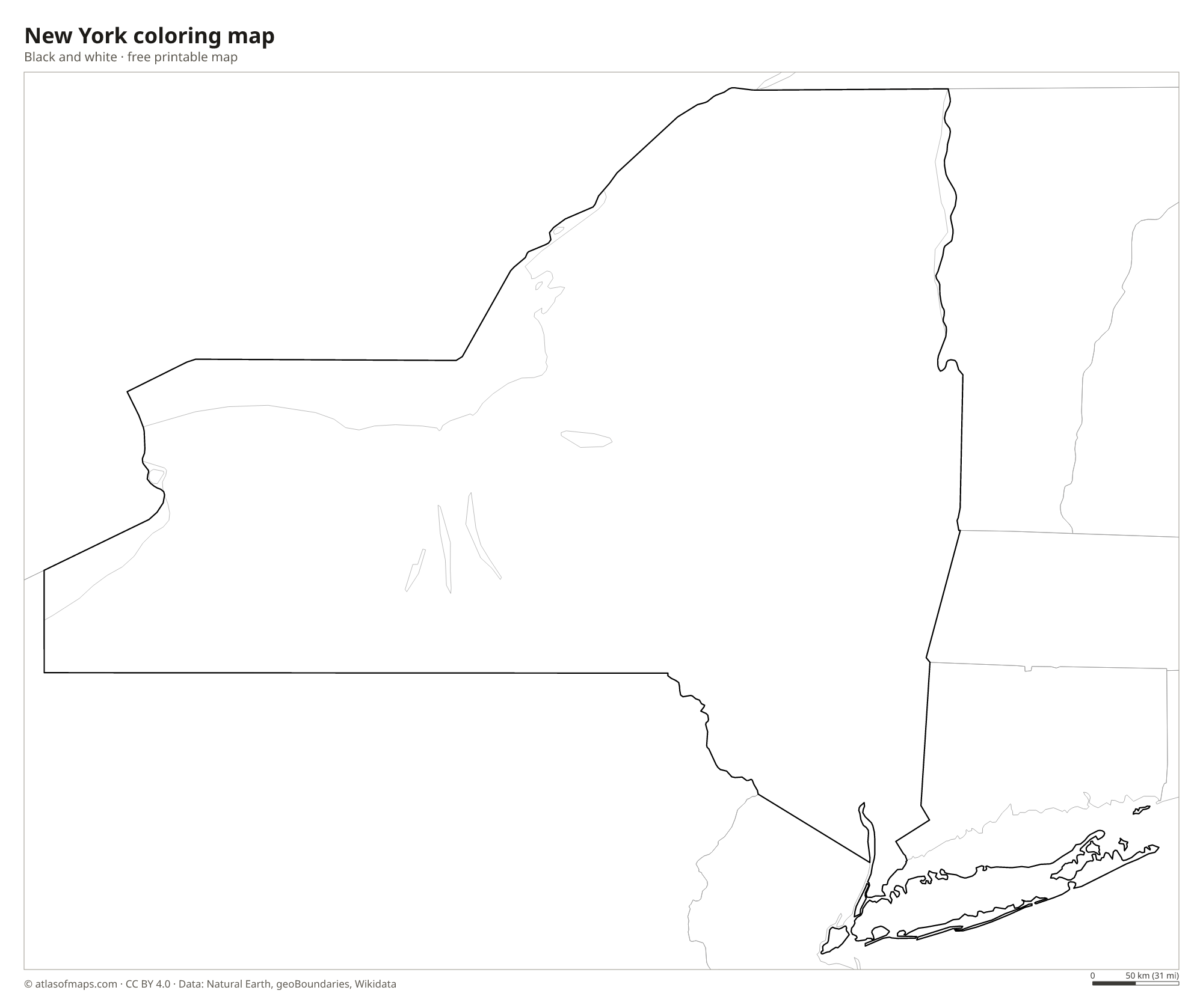 Black-and-white coloring map of New York