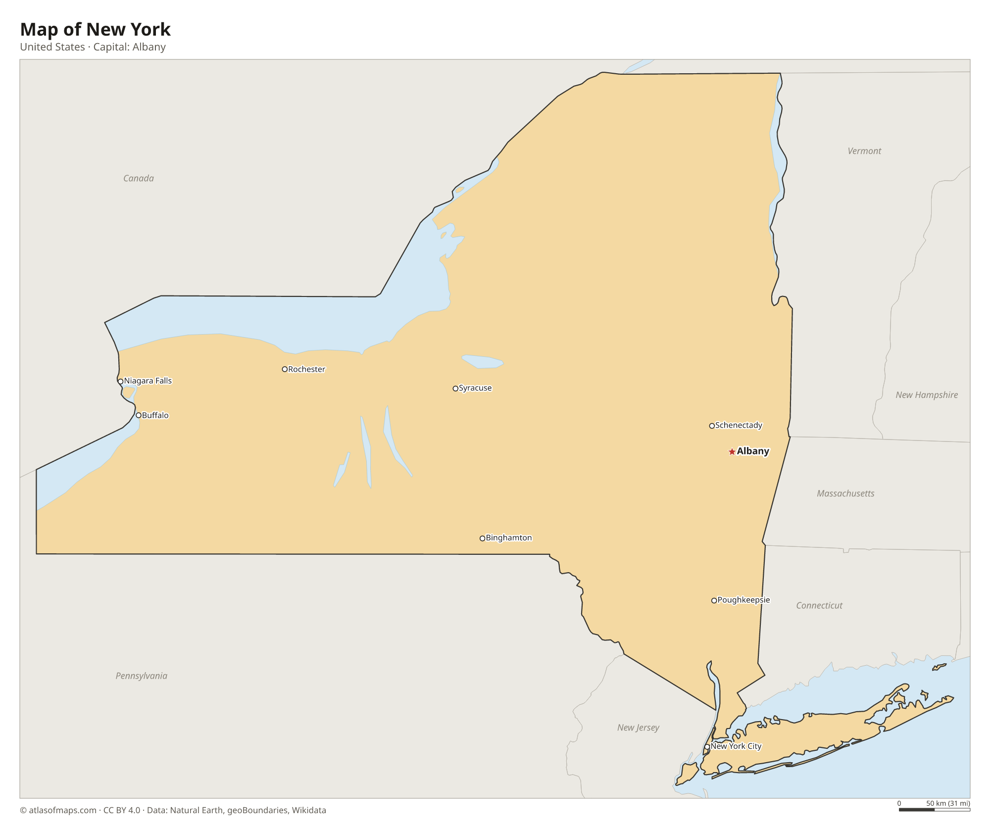 Map of New York with the capital Albany, cities
