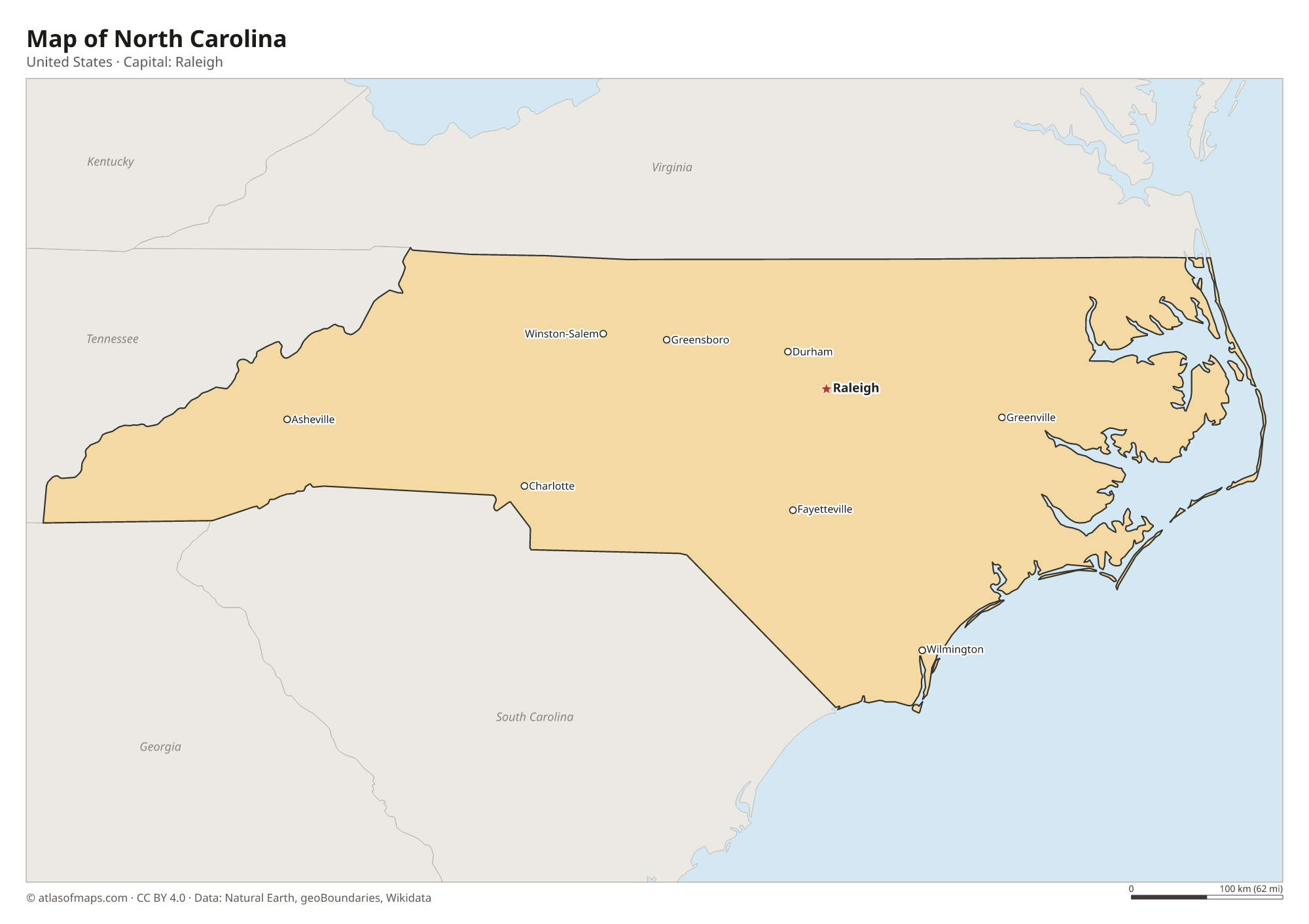 Map of North Carolina with the capital Raleigh, cities