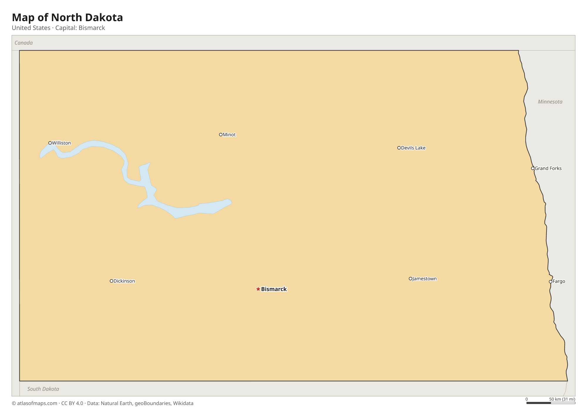 Map of North Dakota with the capital Bismarck, cities