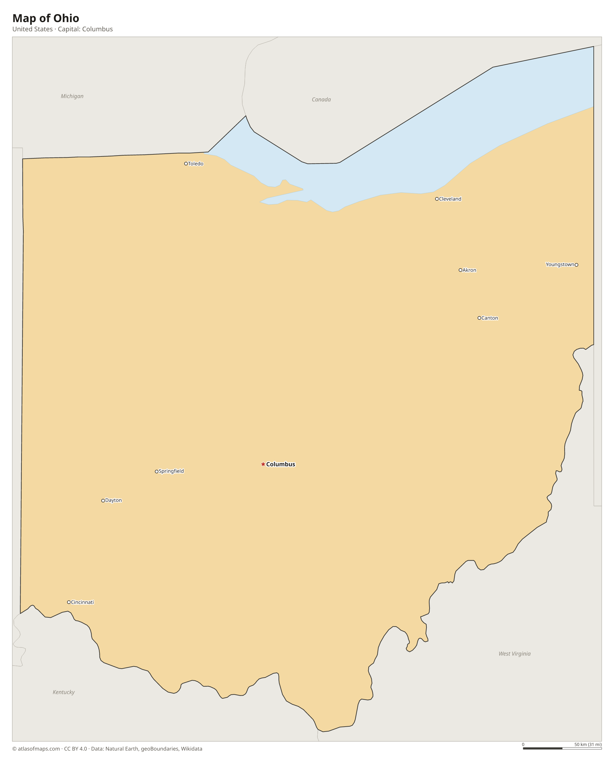 Map of Ohio with the capital Columbus, cities