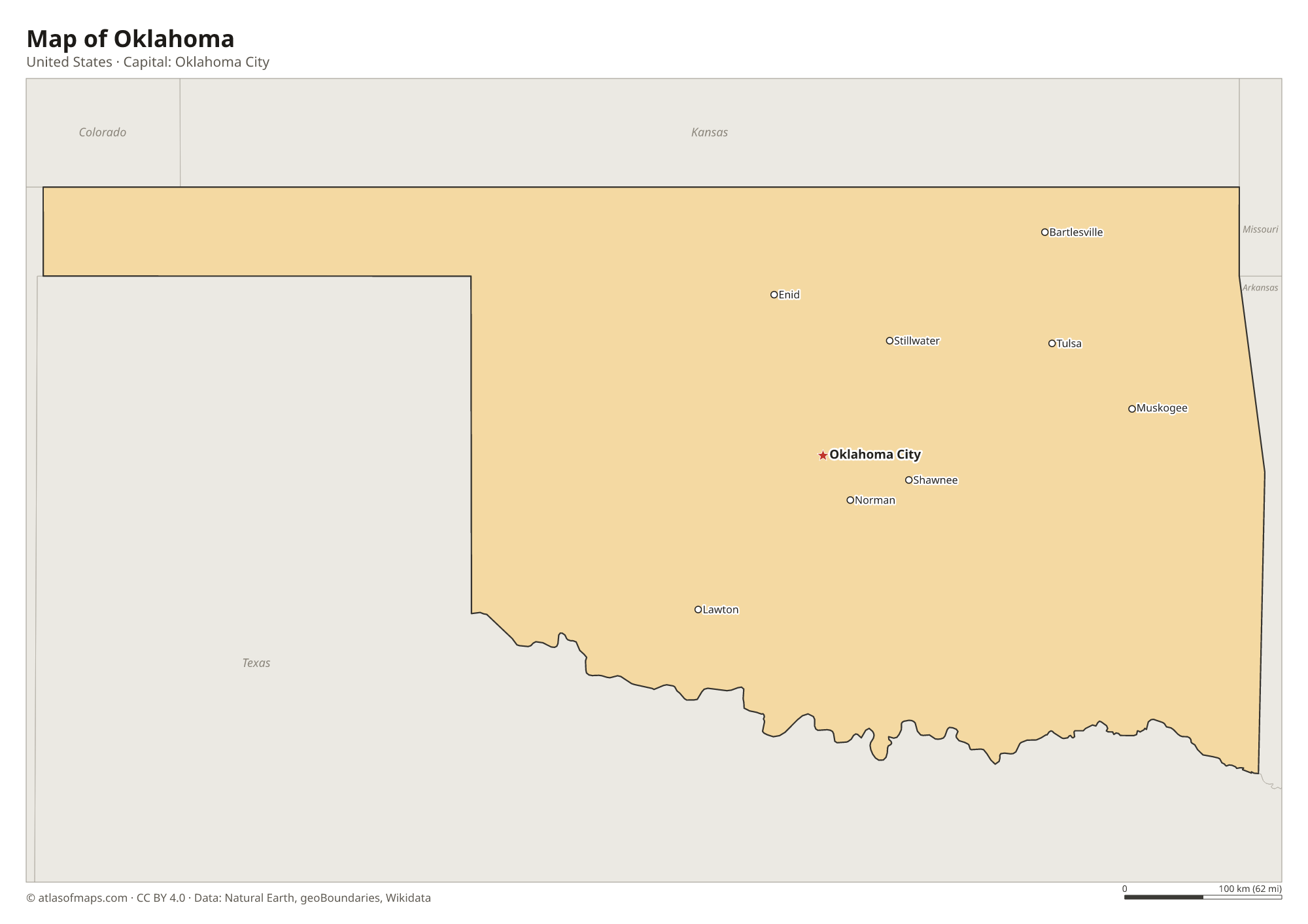 Map of Oklahoma with the capital Oklahoma City, cities