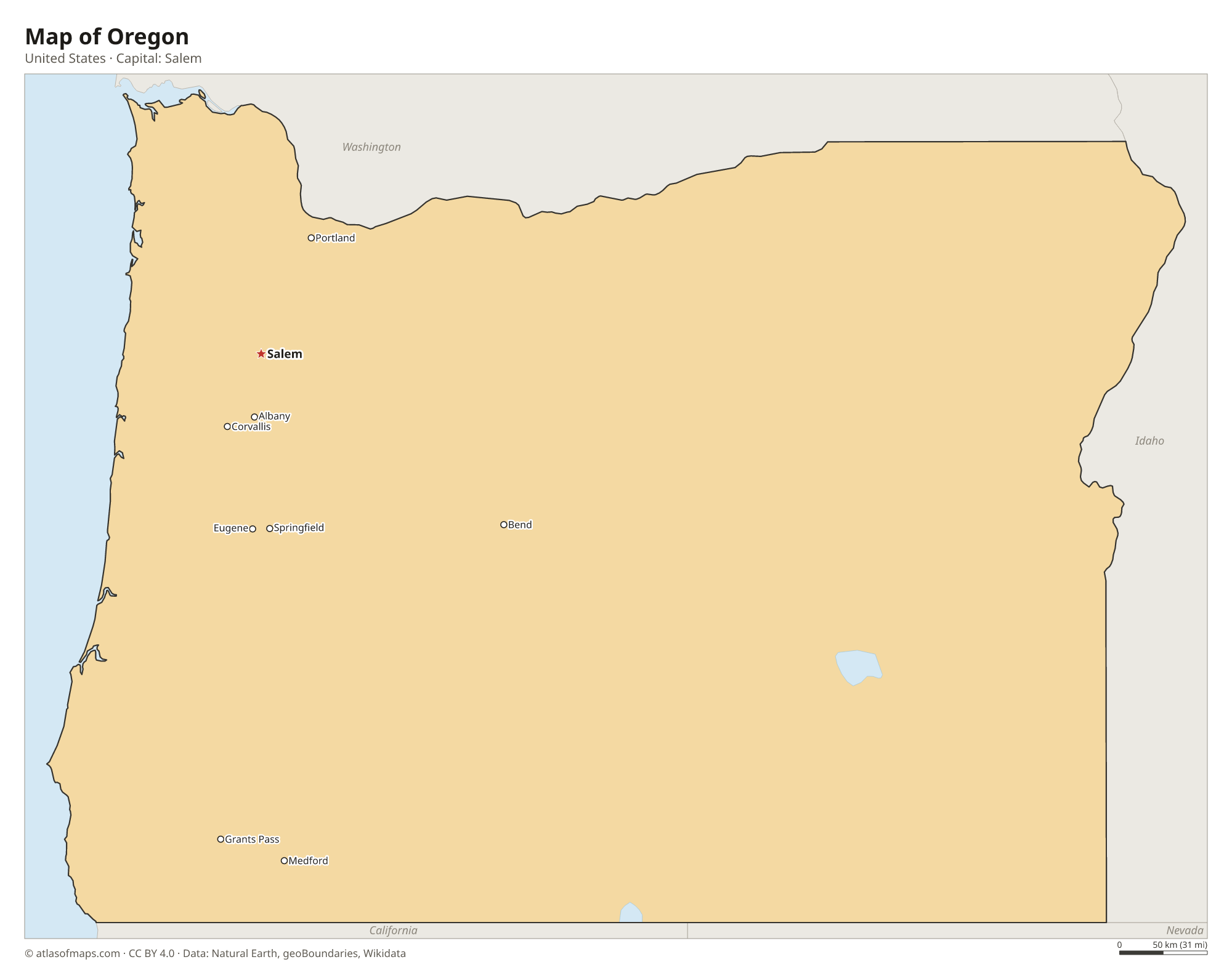Map of Oregon with the capital Salem, cities