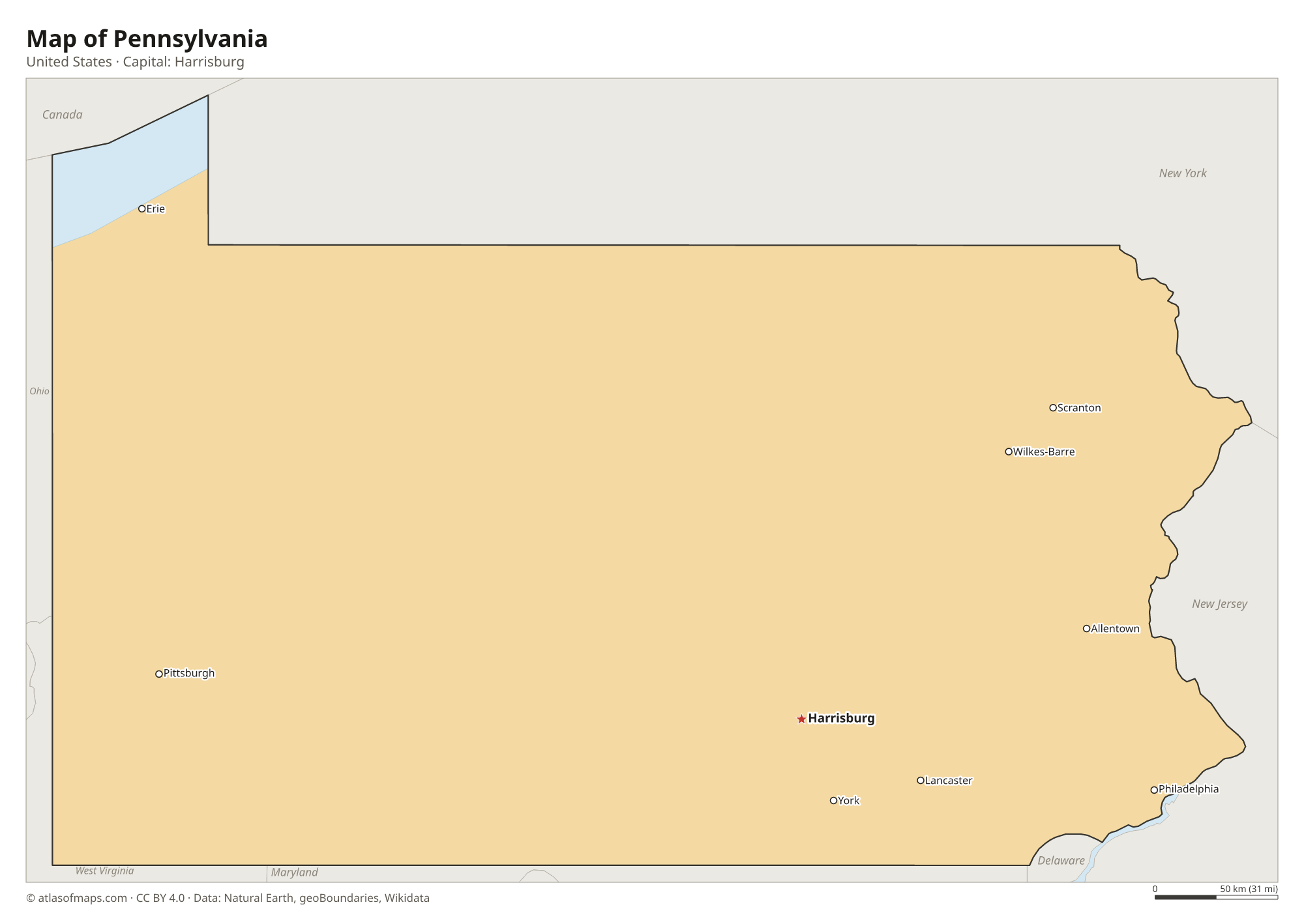 Map of Pennsylvania with the capital Harrisburg, cities