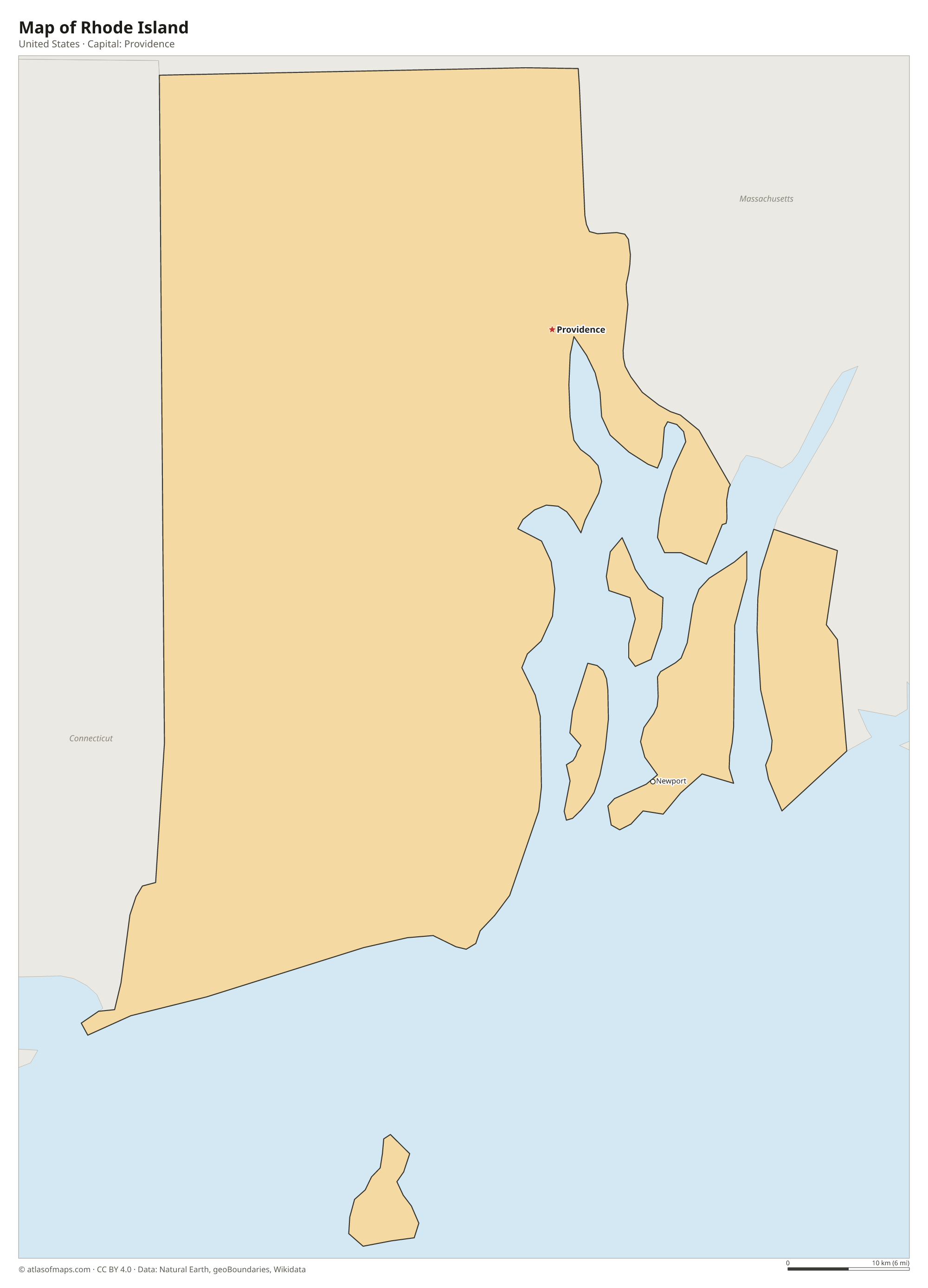 Map of Rhode Island with the capital Providence, cities