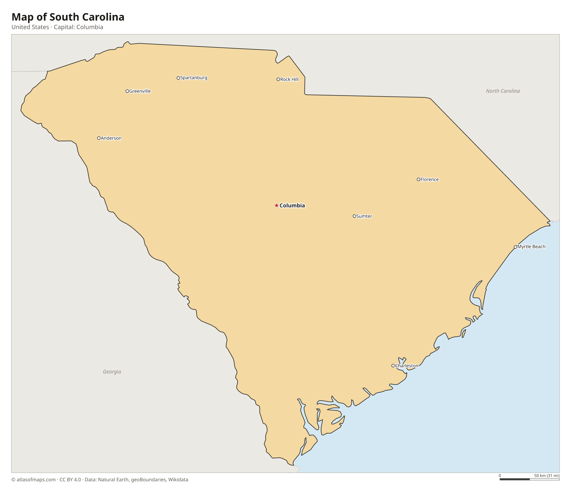 Map of South Carolina with the capital Columbia, cities