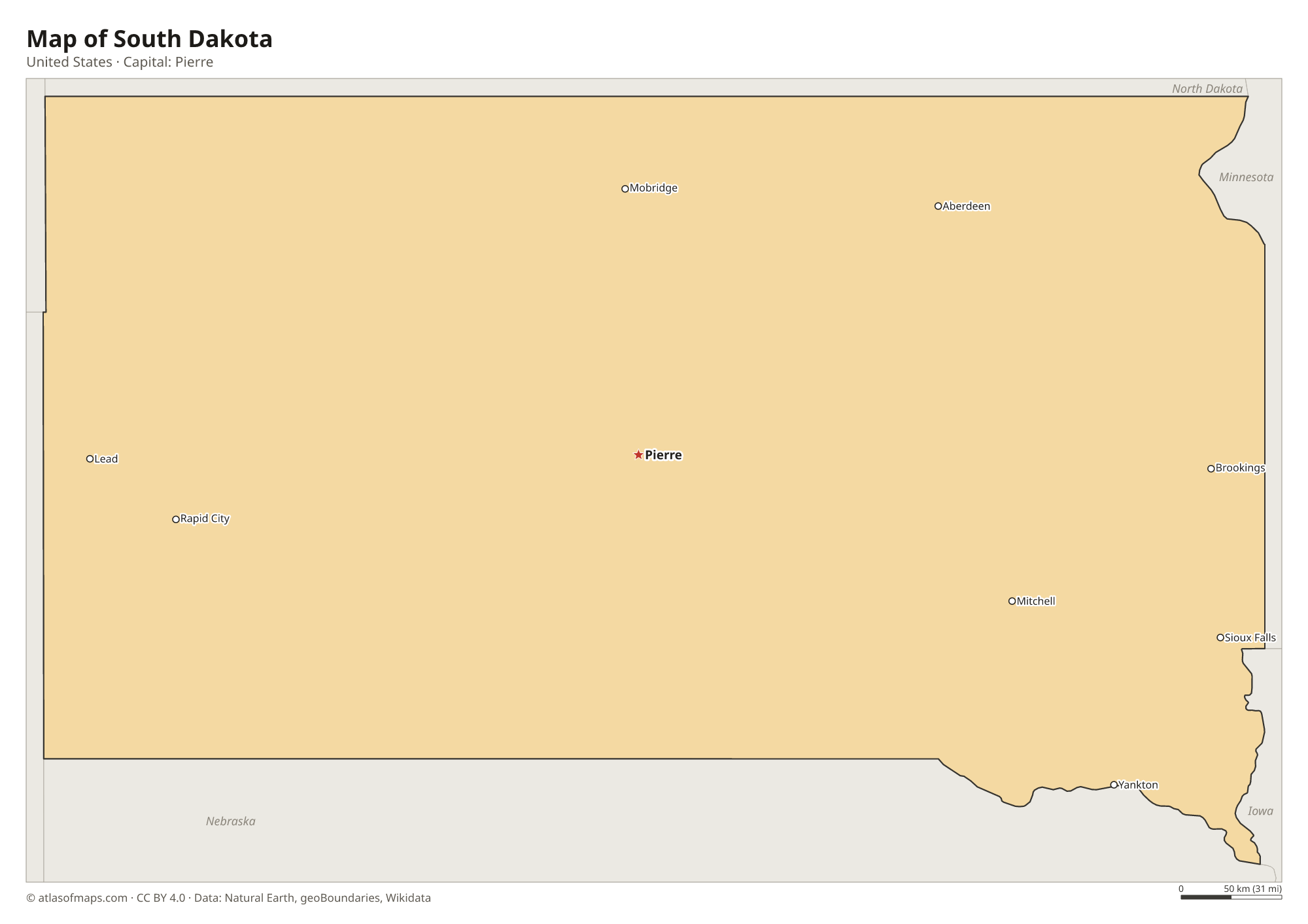 Map of South Dakota with the capital Pierre, cities