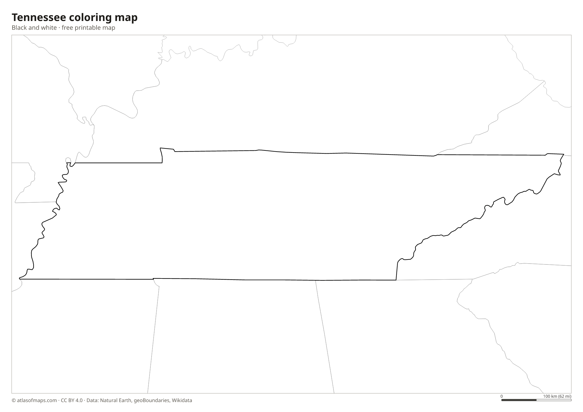 Black-and-white coloring map of Tennessee