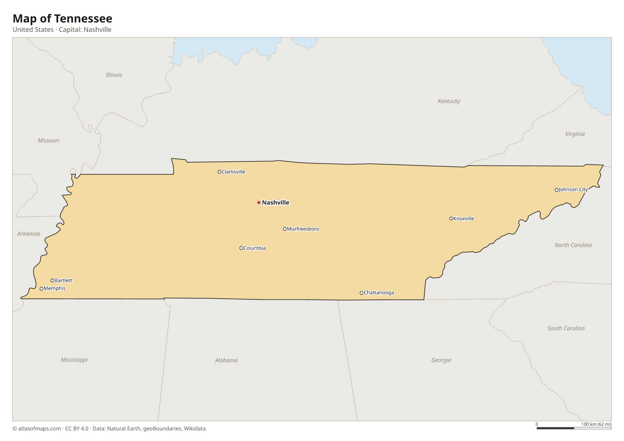 Map of Tennessee with the capital Nashville, cities