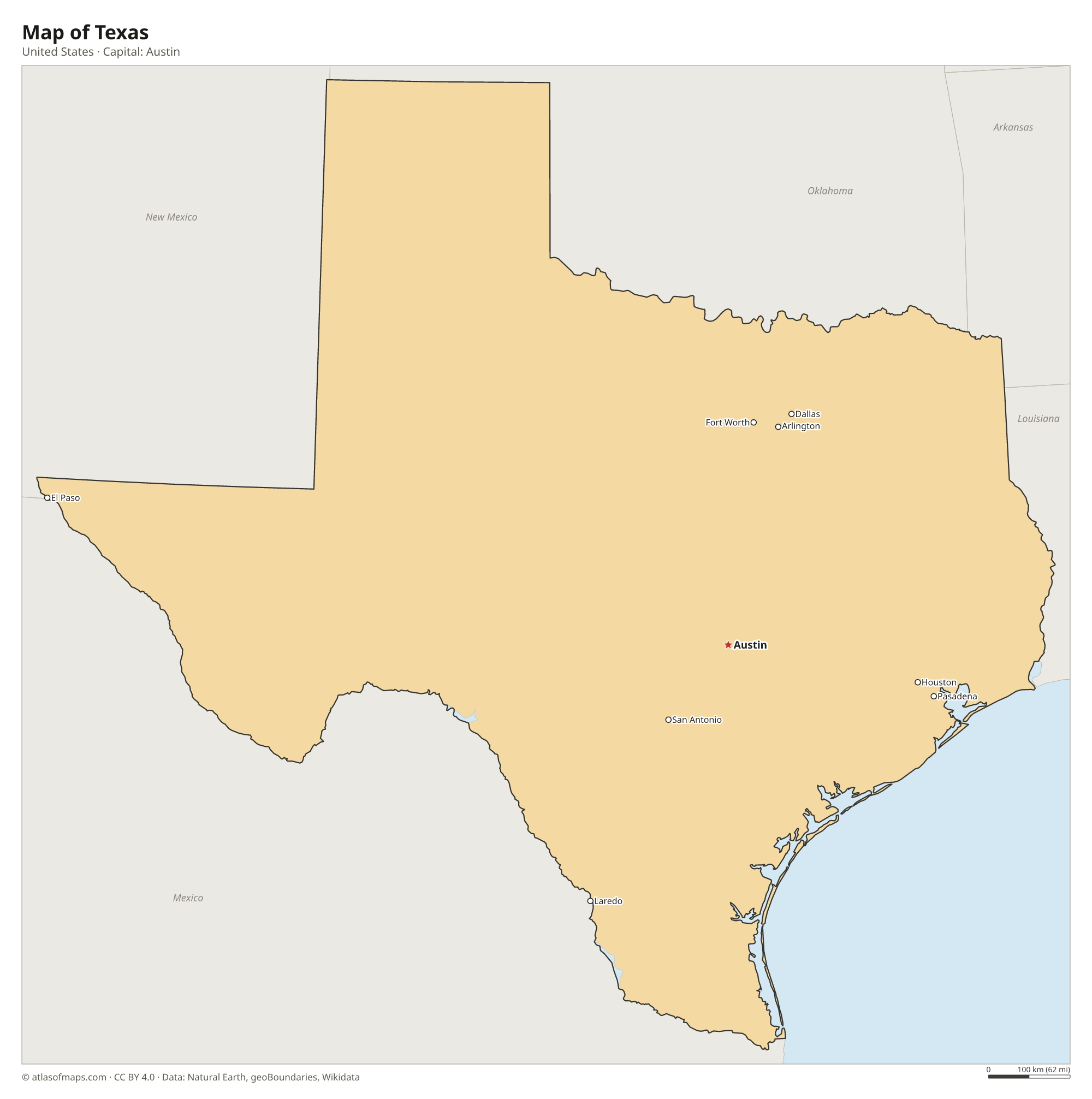 Map of Texas with the capital Austin, cities