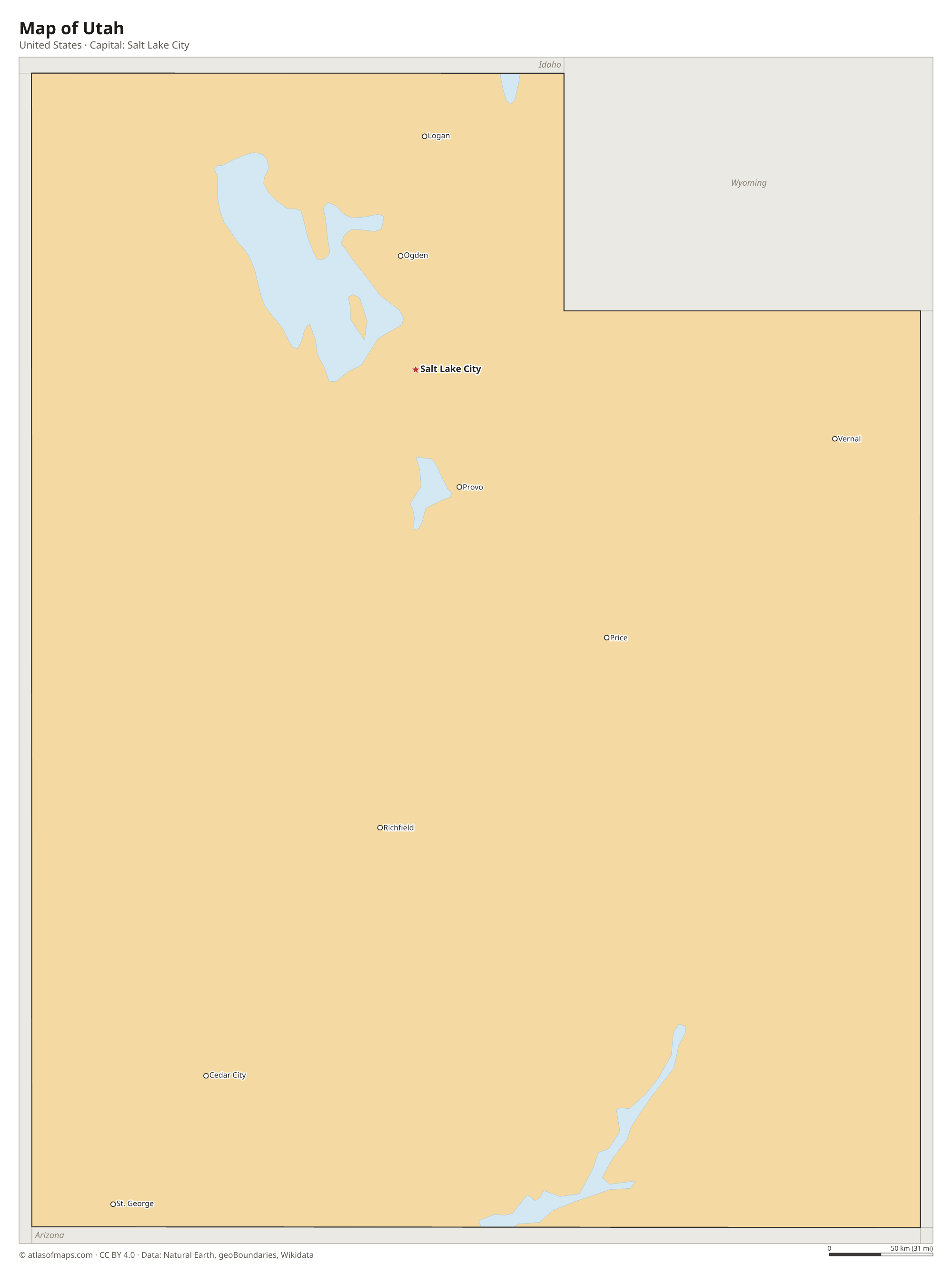 Map of Utah with the capital Salt Lake City, cities