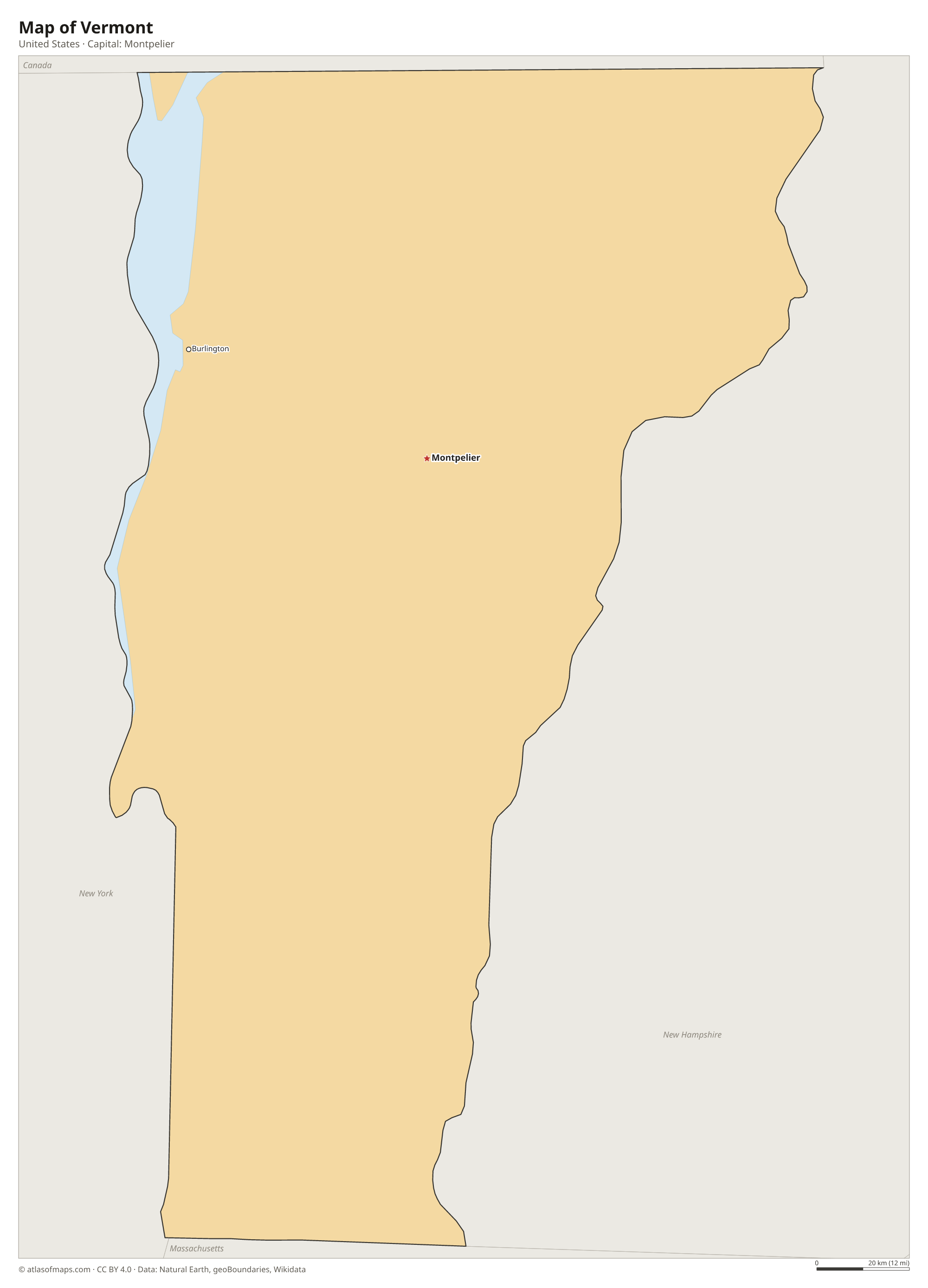 Map of Vermont with the capital Montpelier, cities