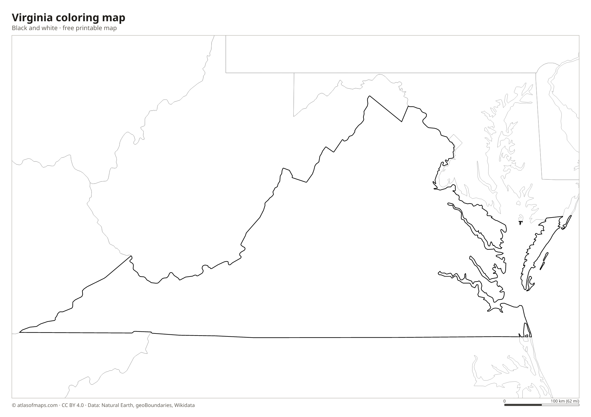 Black-and-white coloring map of Virginia