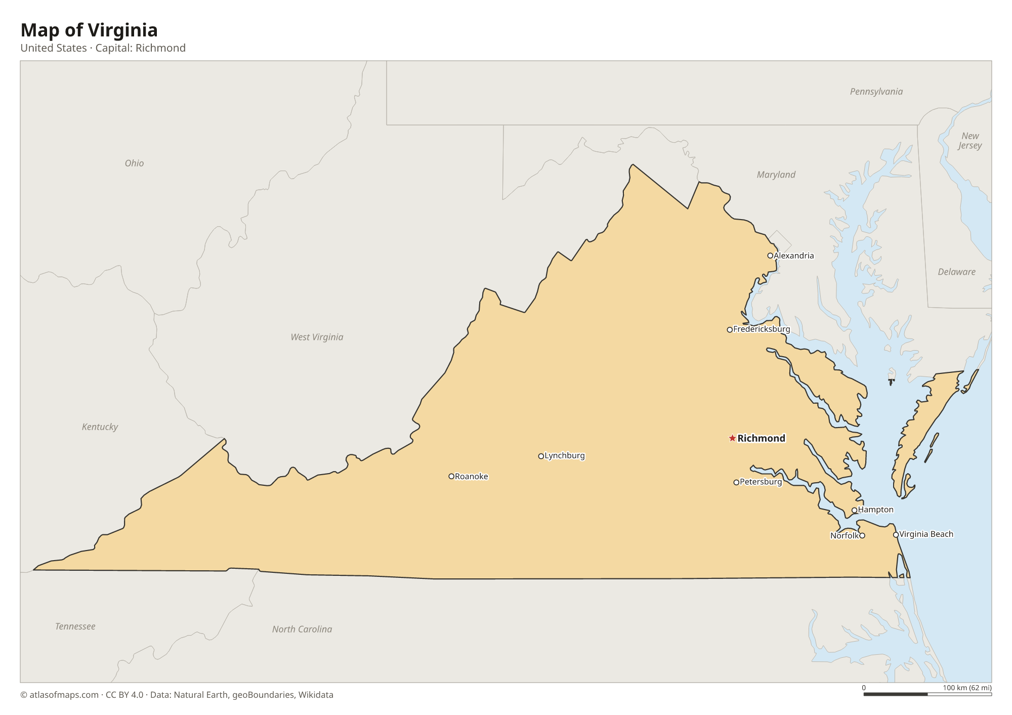 Map of Virginia with the capital Richmond, cities