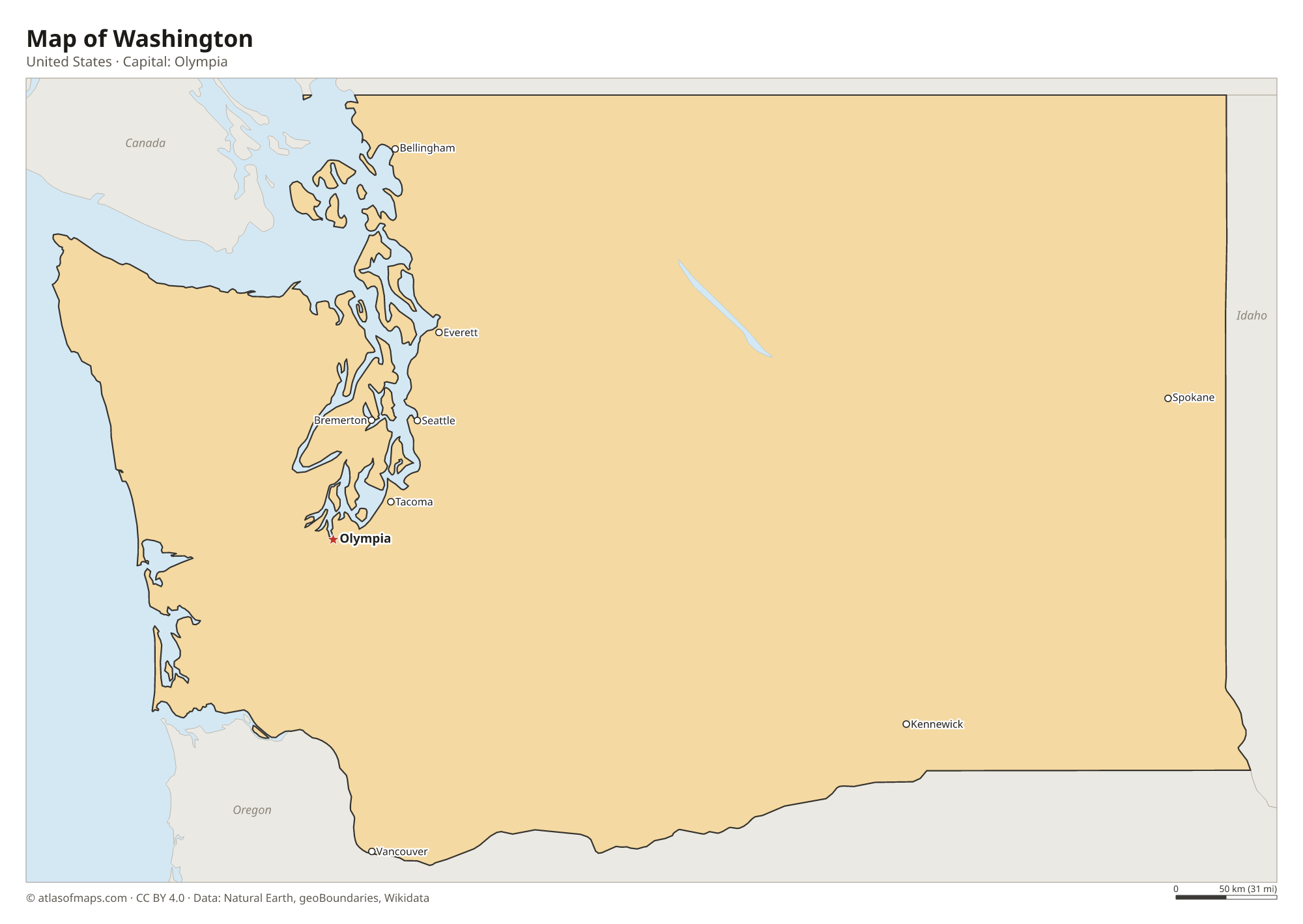 Map of Washington with the capital Olympia, cities
