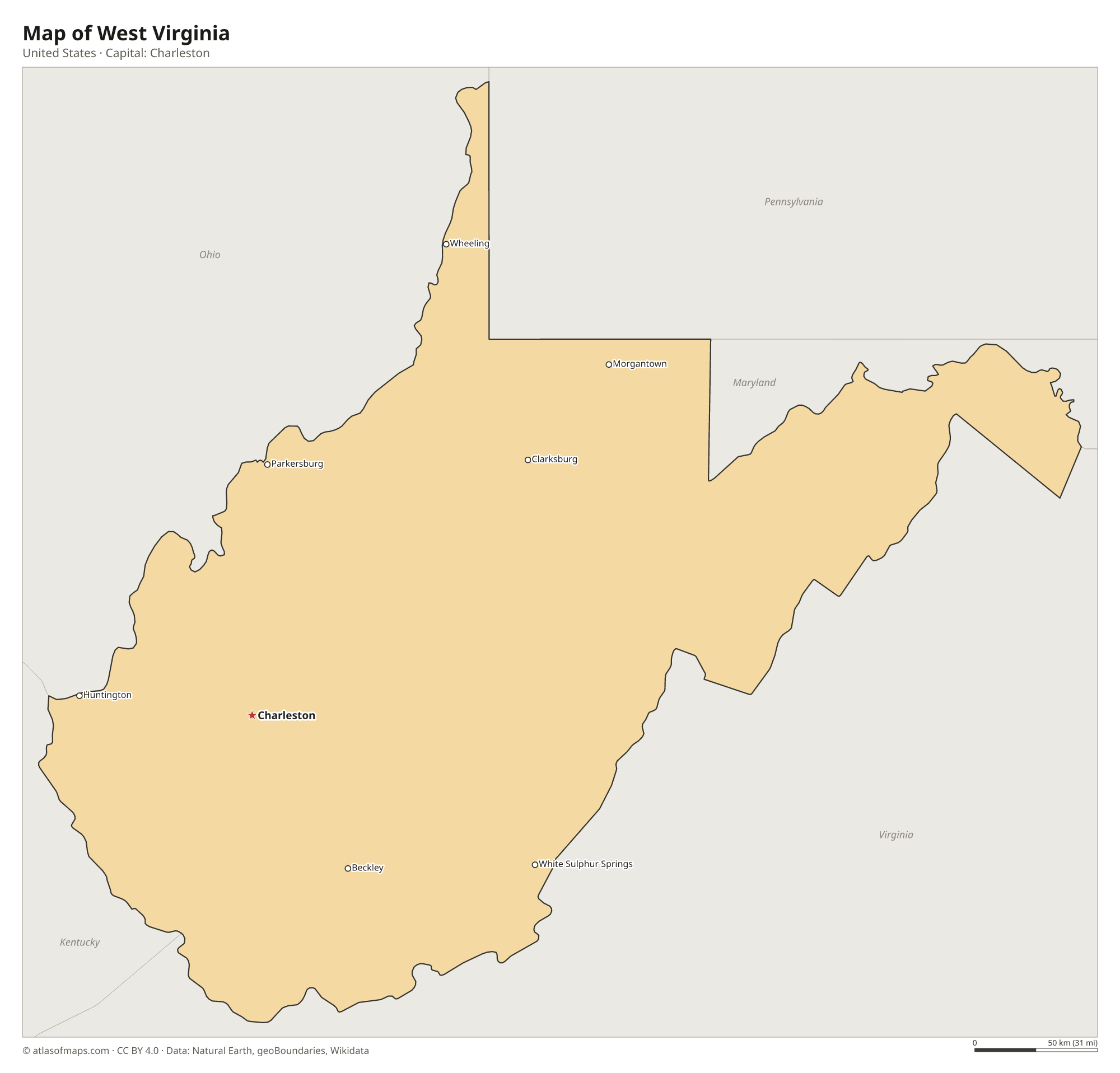 Map of West Virginia with the capital Charleston, cities