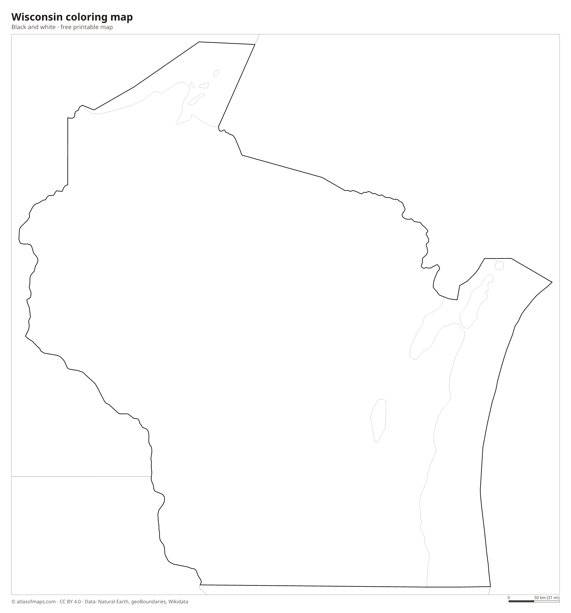 Black-and-white coloring map of Wisconsin