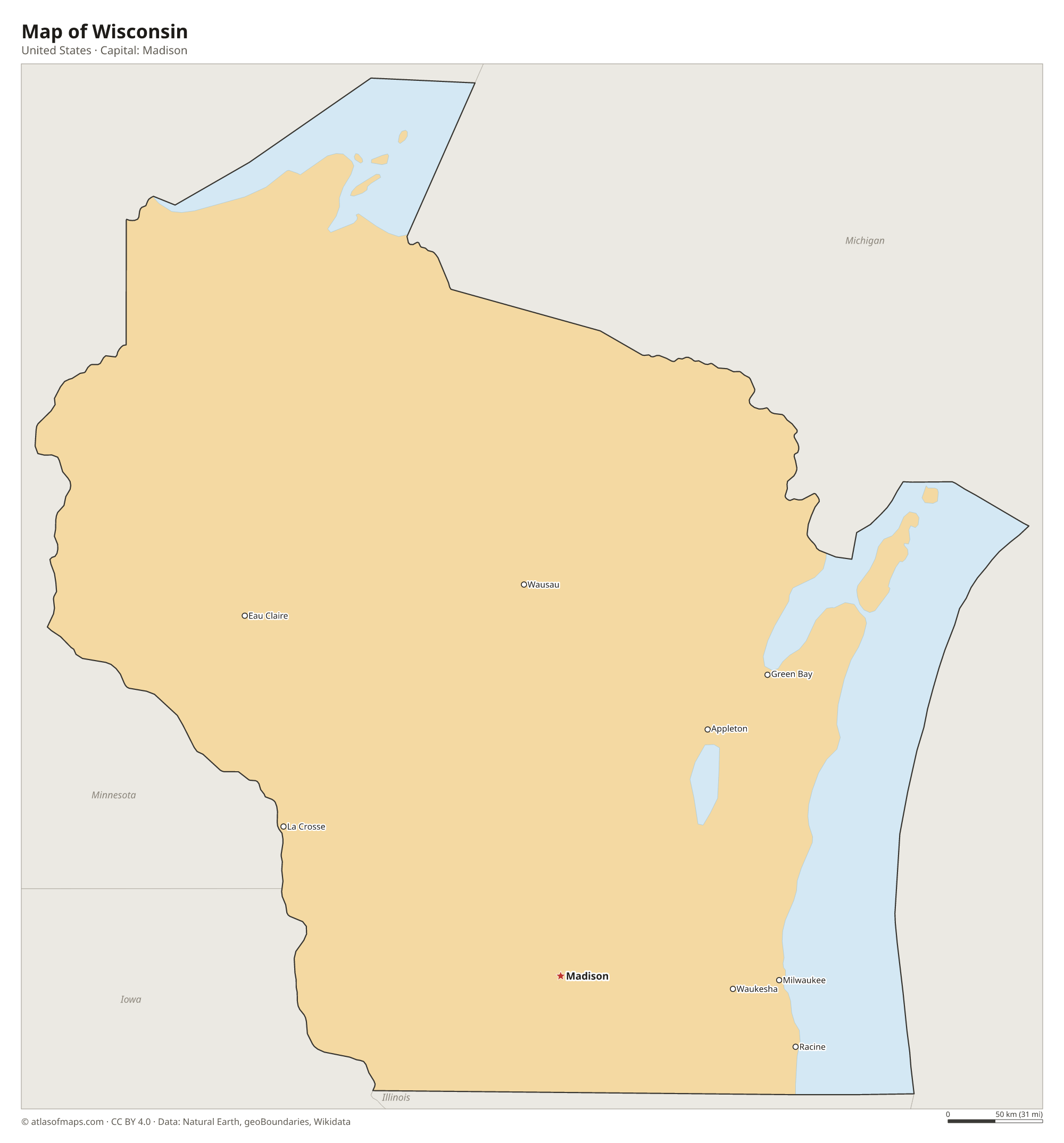 Map of Wisconsin with the capital Madison, cities
