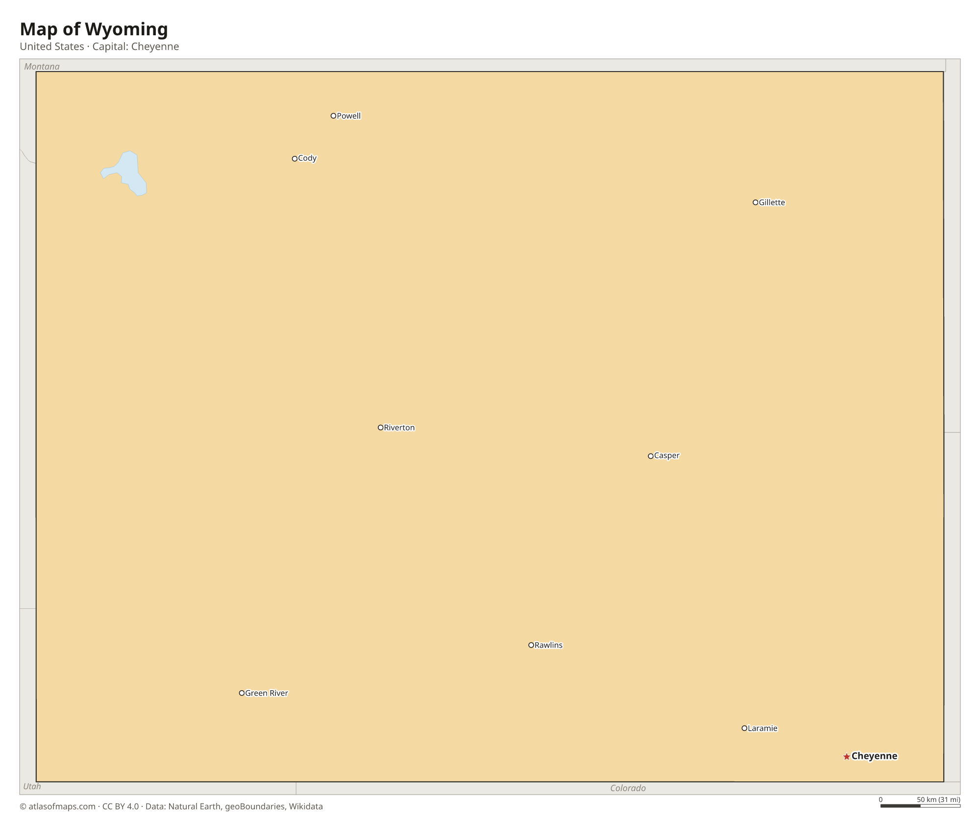 Map of Wyoming with the capital Cheyenne, cities