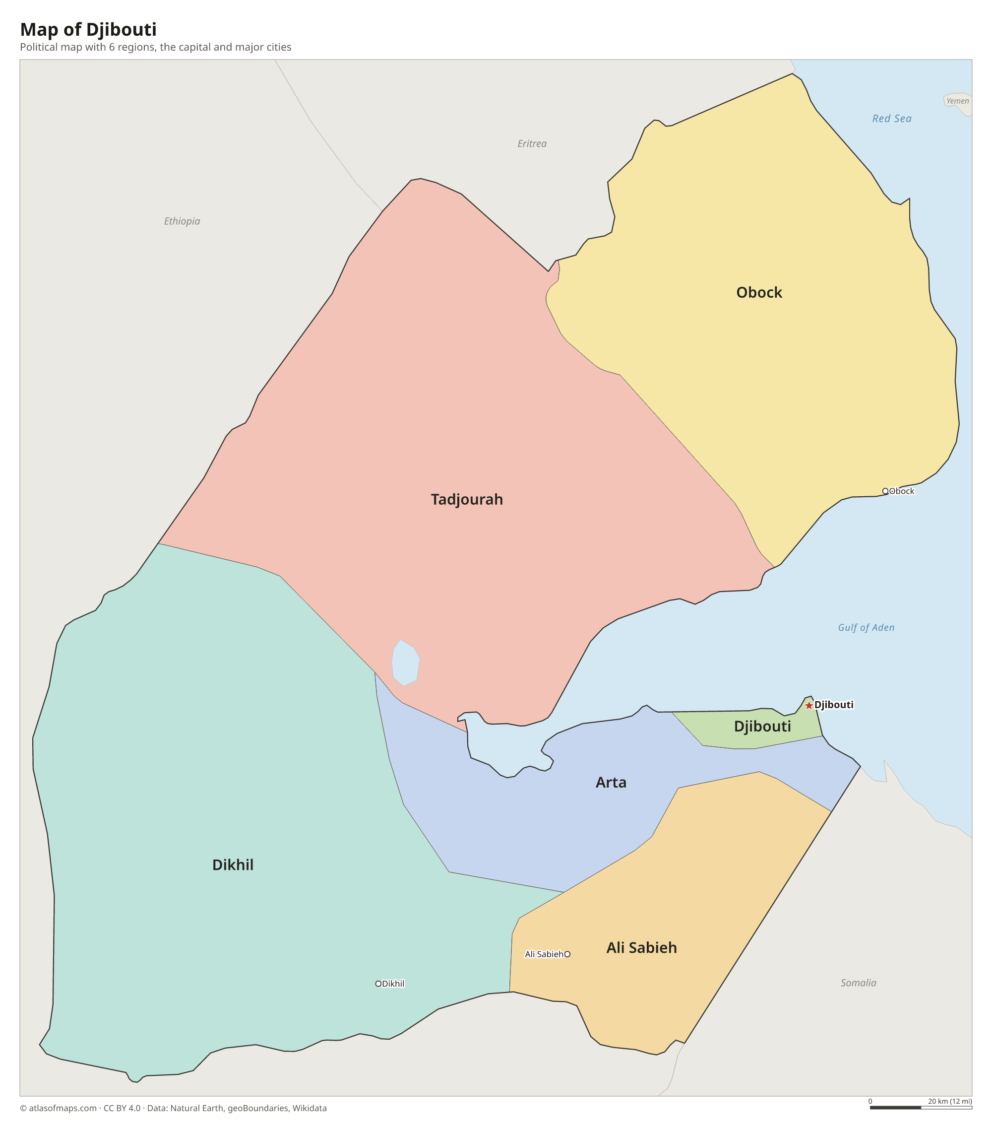 Political map of Djibouti with its regions and the capital Djibouti