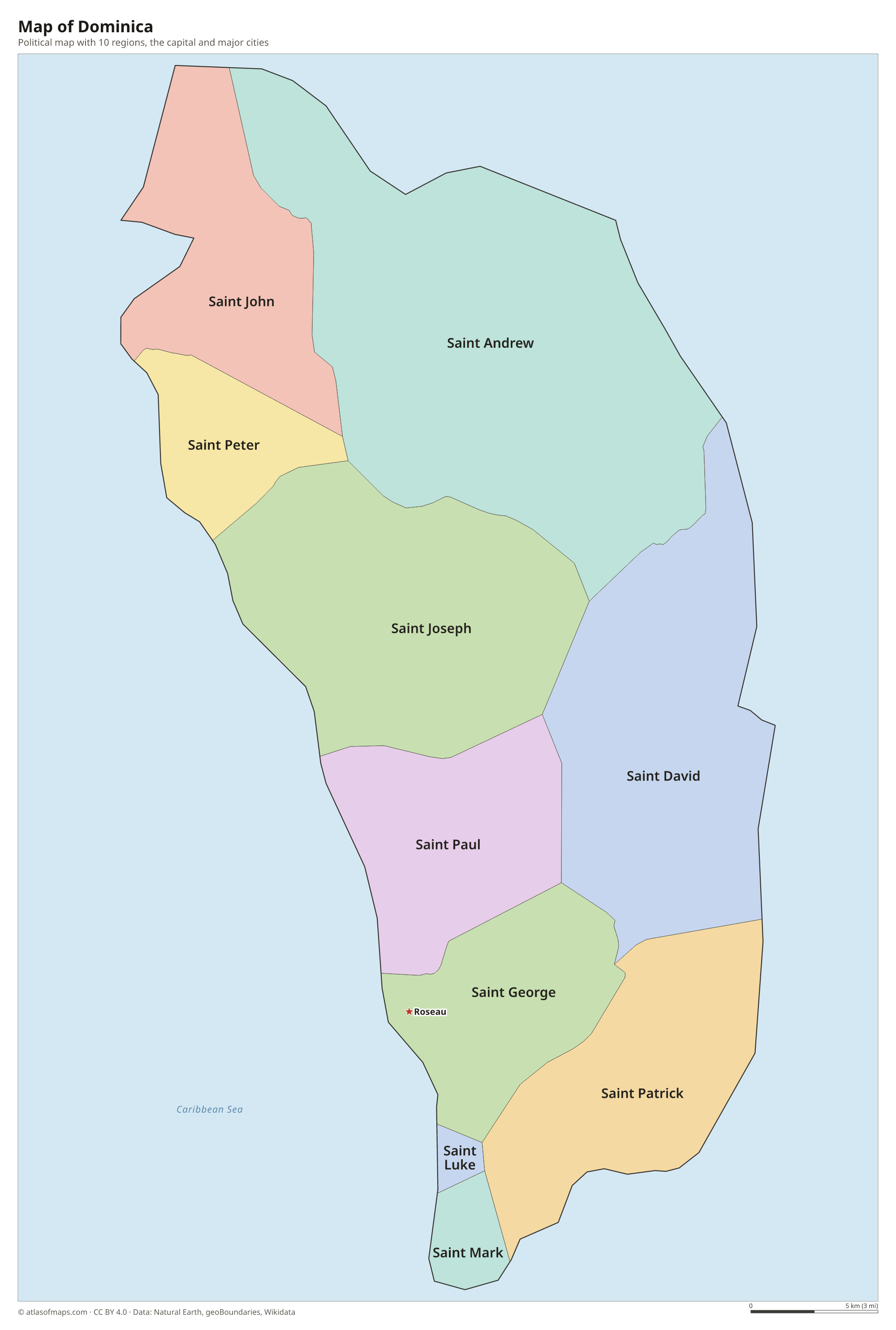 Political map of Dominica with its regions and the capital Roseau