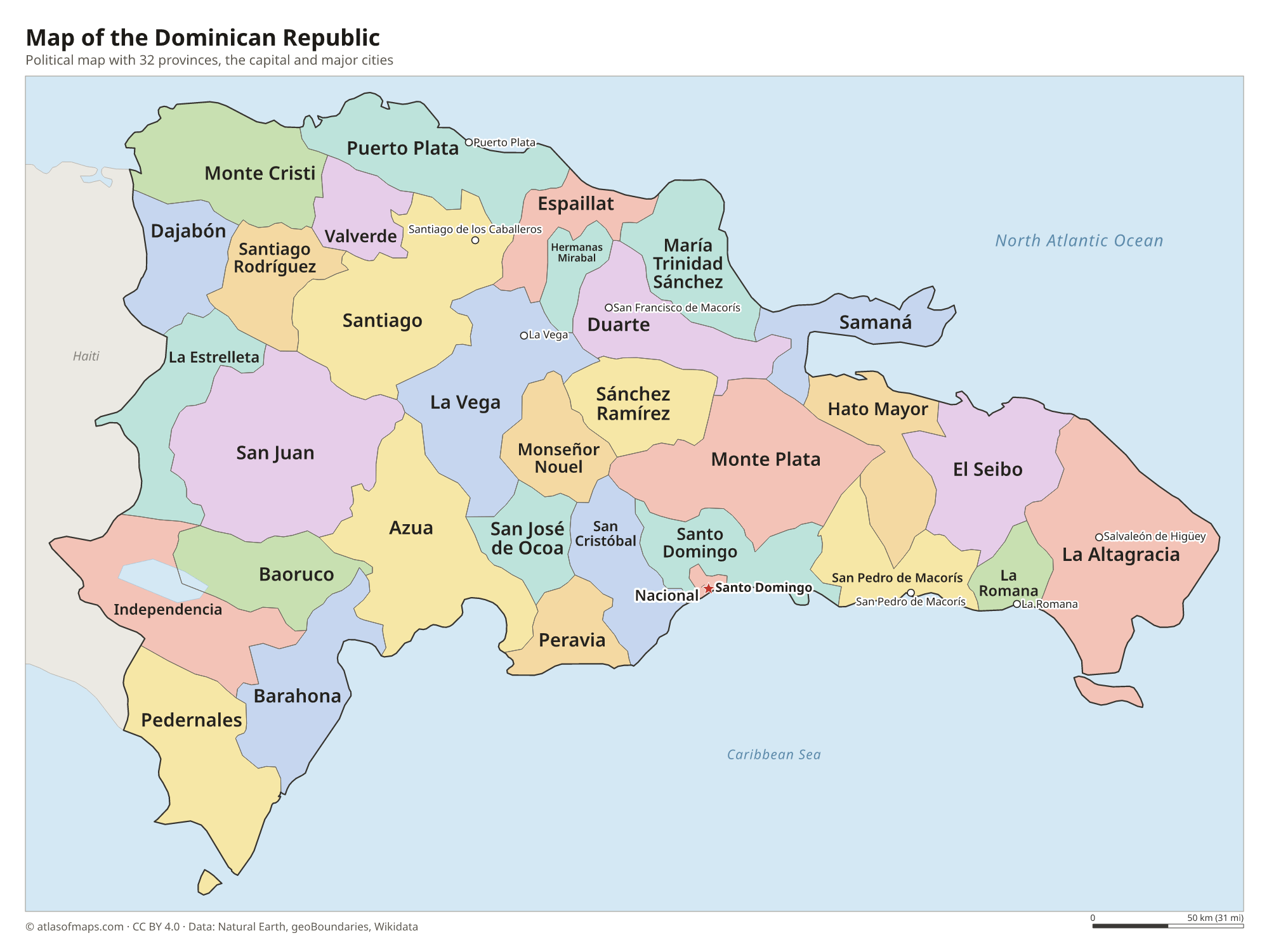 Political map of the Dominican Republic with its provinces and the capital Santo Domingo